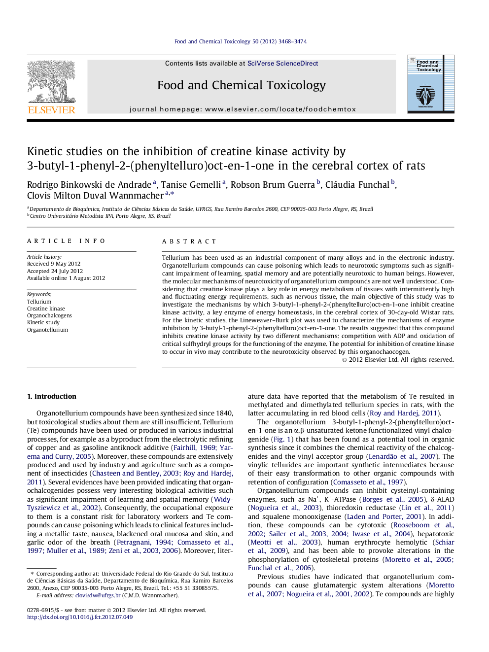 Kinetic studies on the inhibition of creatine kinase activity by 3-butyl-1-phenyl-2-(phenyltelluro)oct-en-1-one in the cerebral cortex of rats