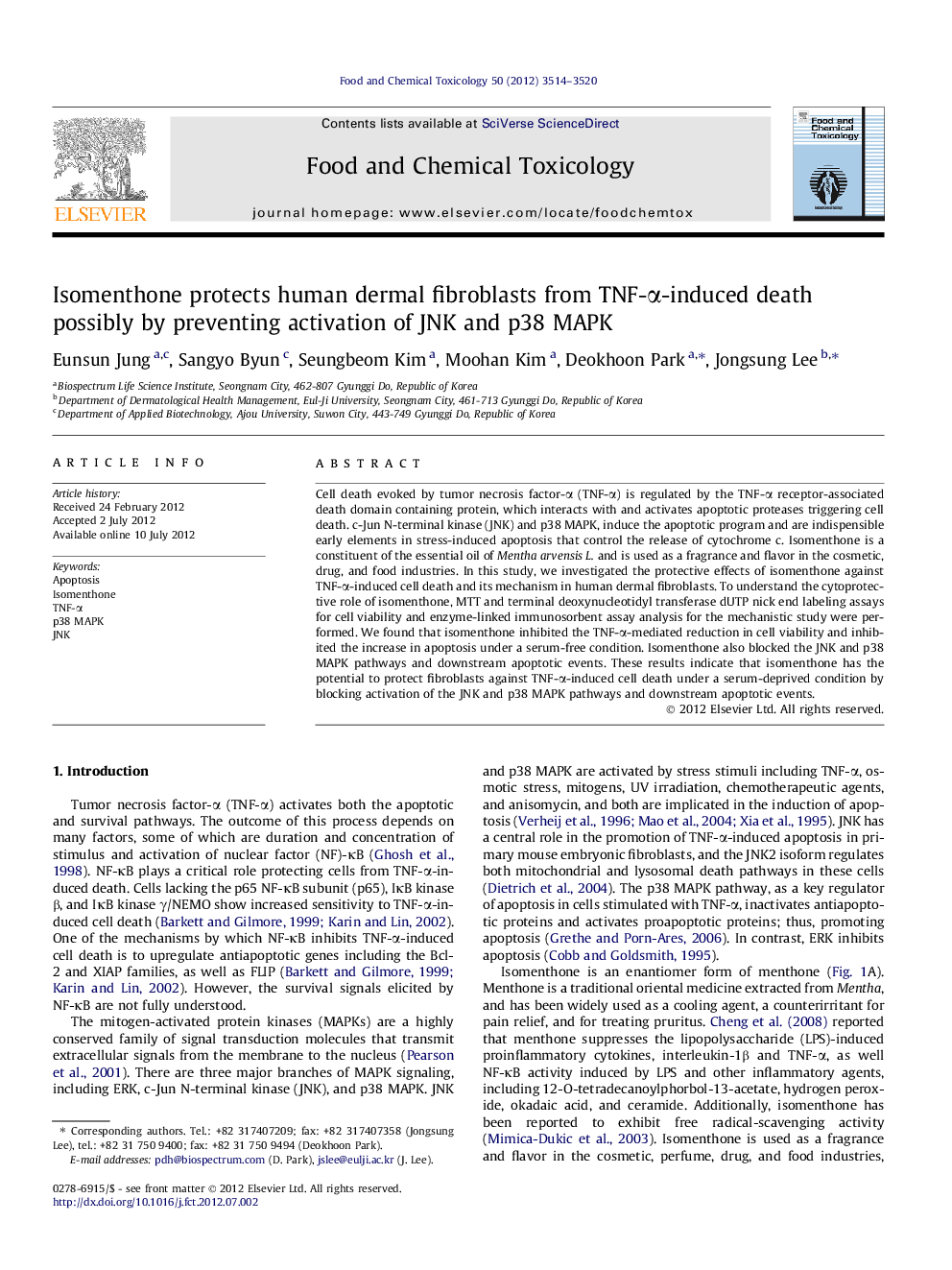 Isomenthone protects human dermal fibroblasts from TNF-Î±-induced death possibly by preventing activation of JNK and p38 MAPK