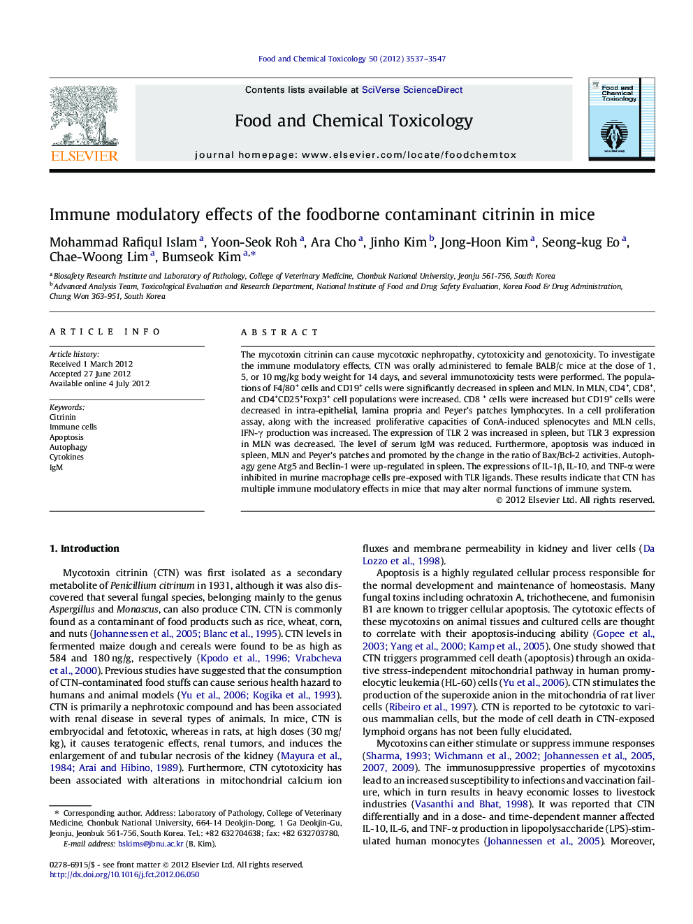 Immune modulatory effects of the foodborne contaminant citrinin in mice