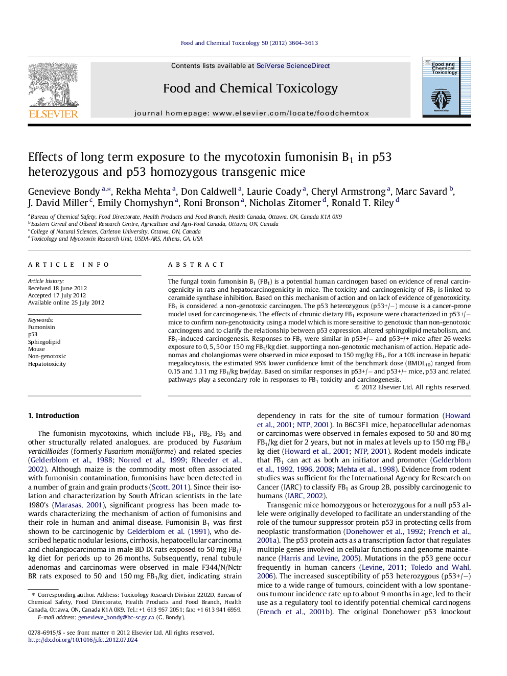 Effects of long term exposure to the mycotoxin fumonisin B1 in p53 heterozygous and p53 homozygous transgenic mice