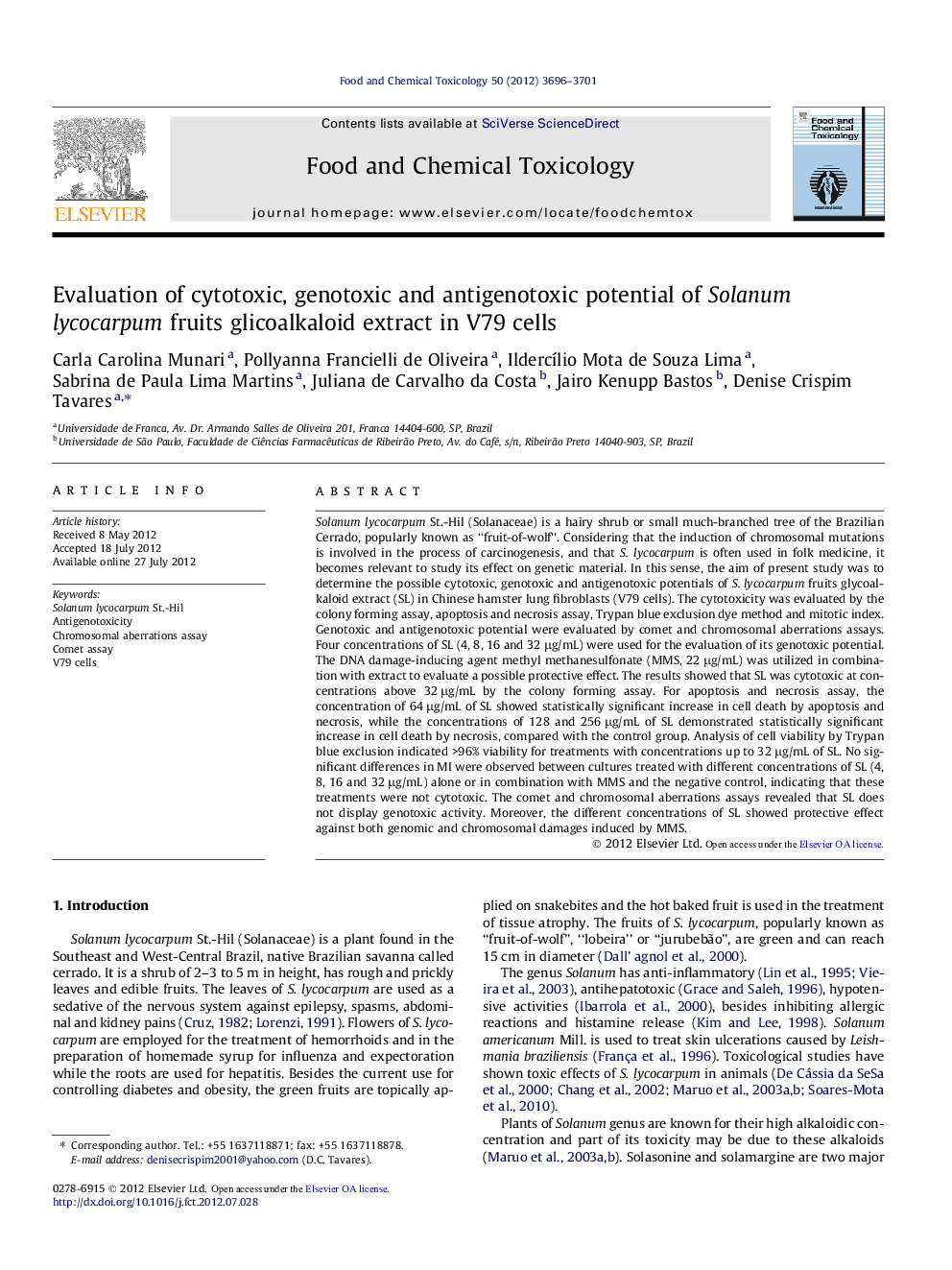 Evaluation of cytotoxic, genotoxic and antigenotoxic potential of Solanum lycocarpum fruits glicoalkaloid extract in V79 cells