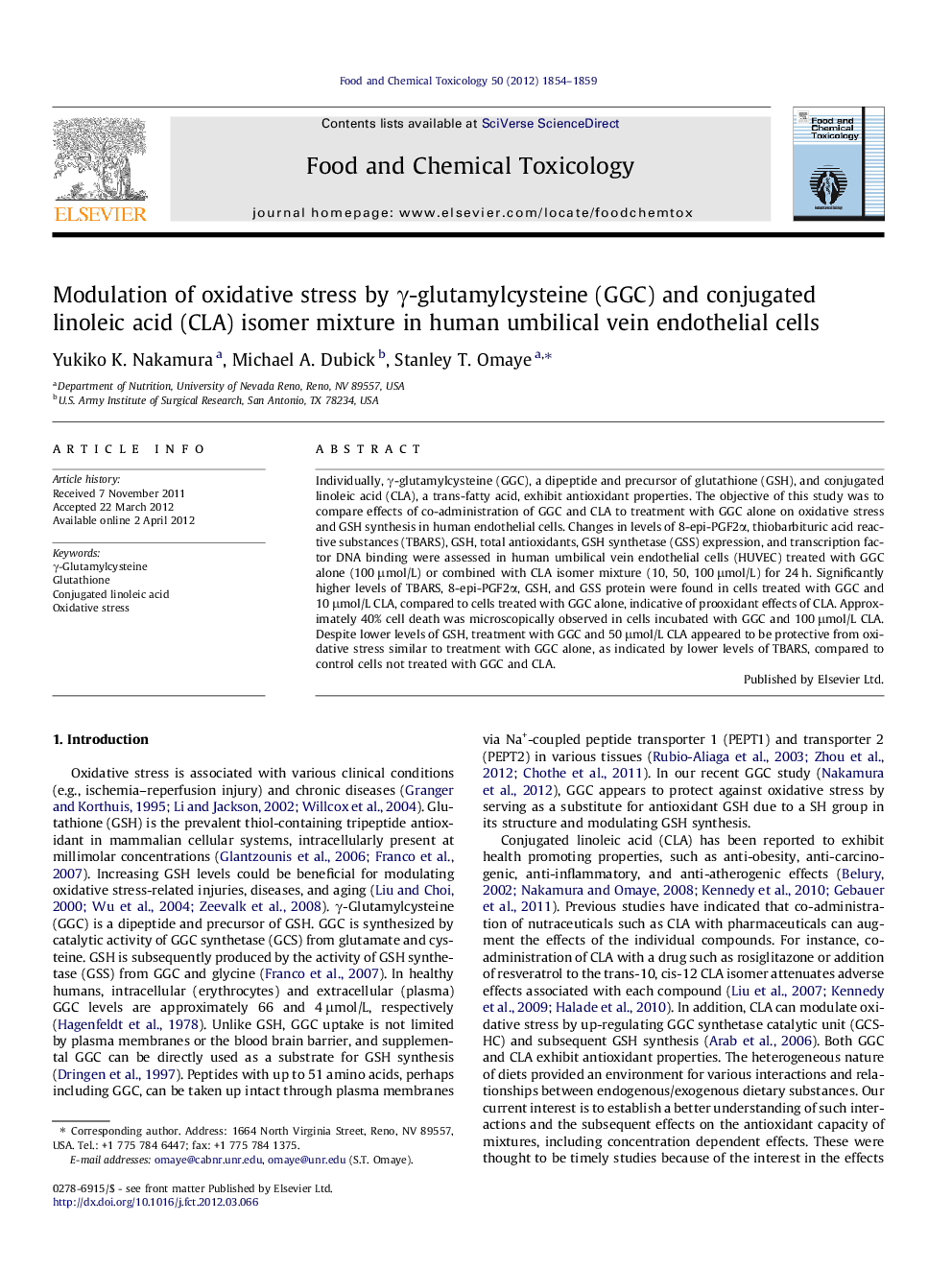 Modulation of oxidative stress by Î³-glutamylcysteine (GGC) and conjugated linoleic acid (CLA) isomer mixture in human umbilical vein endothelial cells