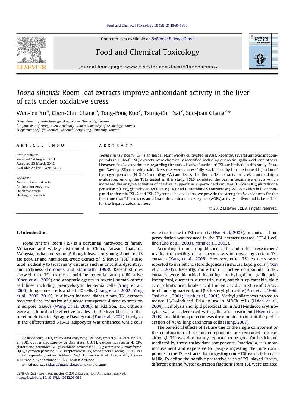 Toona sinensis Roem leaf extracts improve antioxidant activity in the liver of rats under oxidative stress