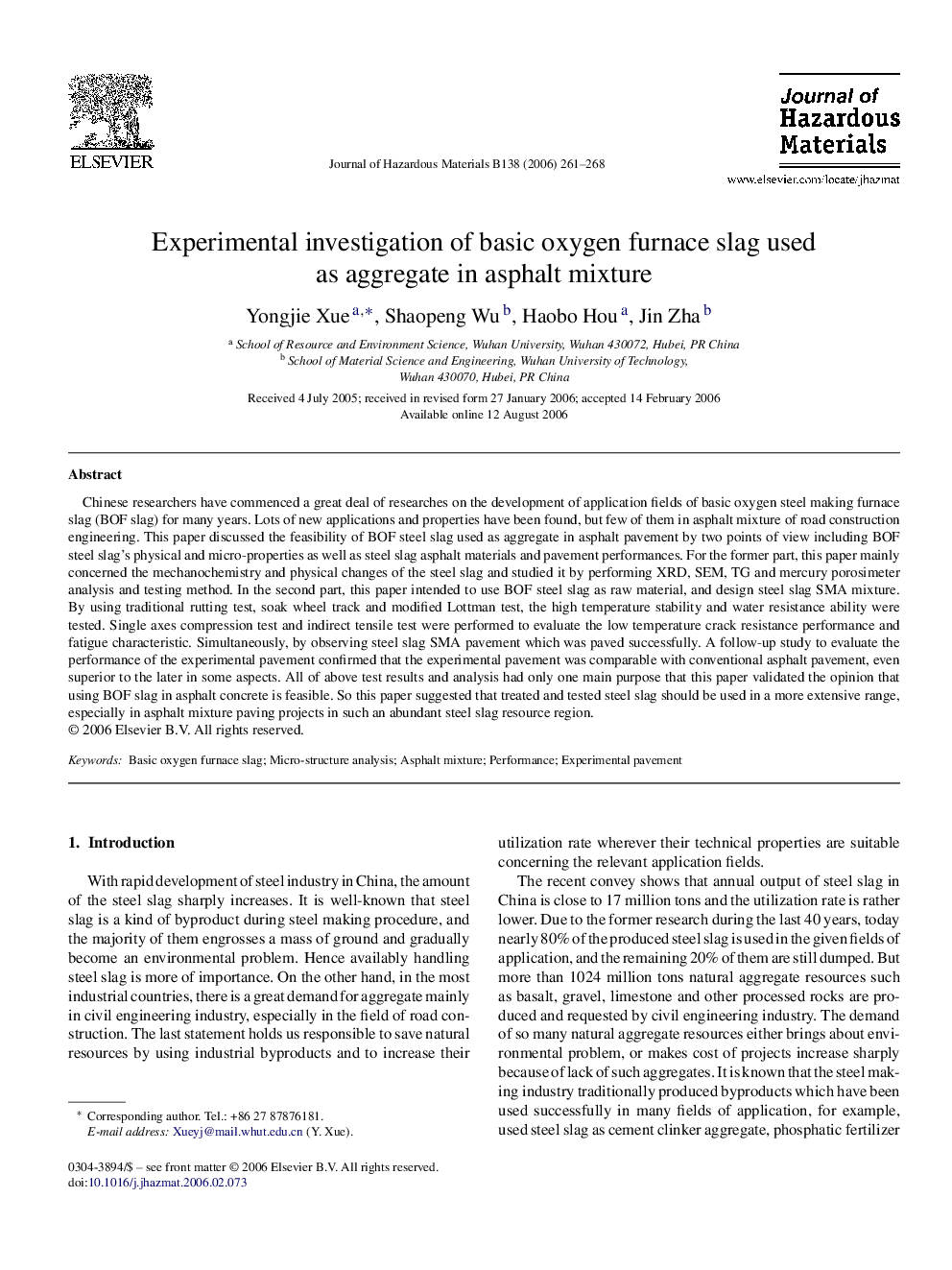 Experimental investigation of basic oxygen furnace slag used as aggregate in asphalt mixture