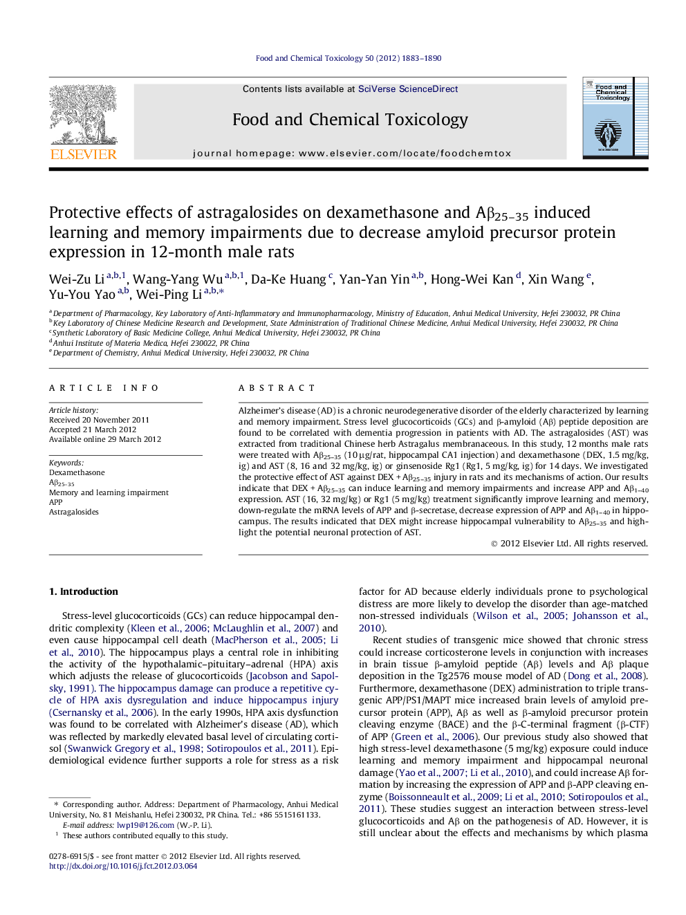 Protective effects of astragalosides on dexamethasone and AÎ²25-35 induced learning and memory impairments due to decrease amyloid precursor protein expression in 12-month male rats