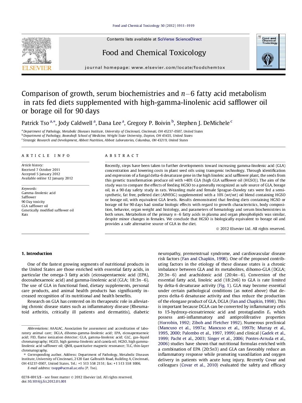 Comparison of growth, serum biochemistries and nâ6 fatty acid metabolism in rats fed diets supplemented with high-gamma-linolenic acid safflower oil or borage oil for 90Â days