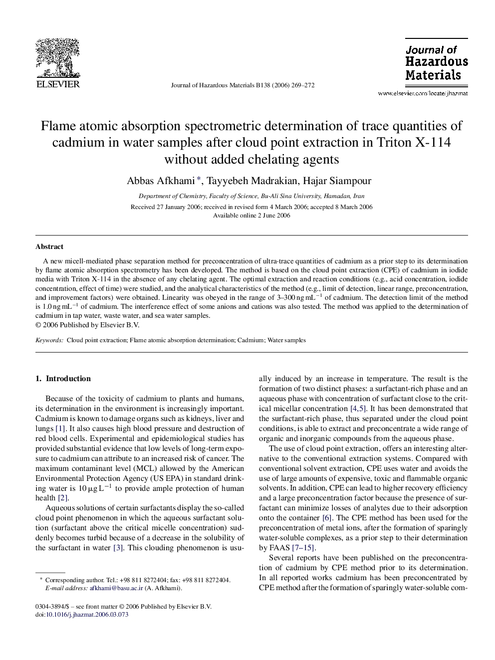 Flame atomic absorption spectrometric determination of trace quantities of cadmium in water samples after cloud point extraction in Triton X-114 without added chelating agents