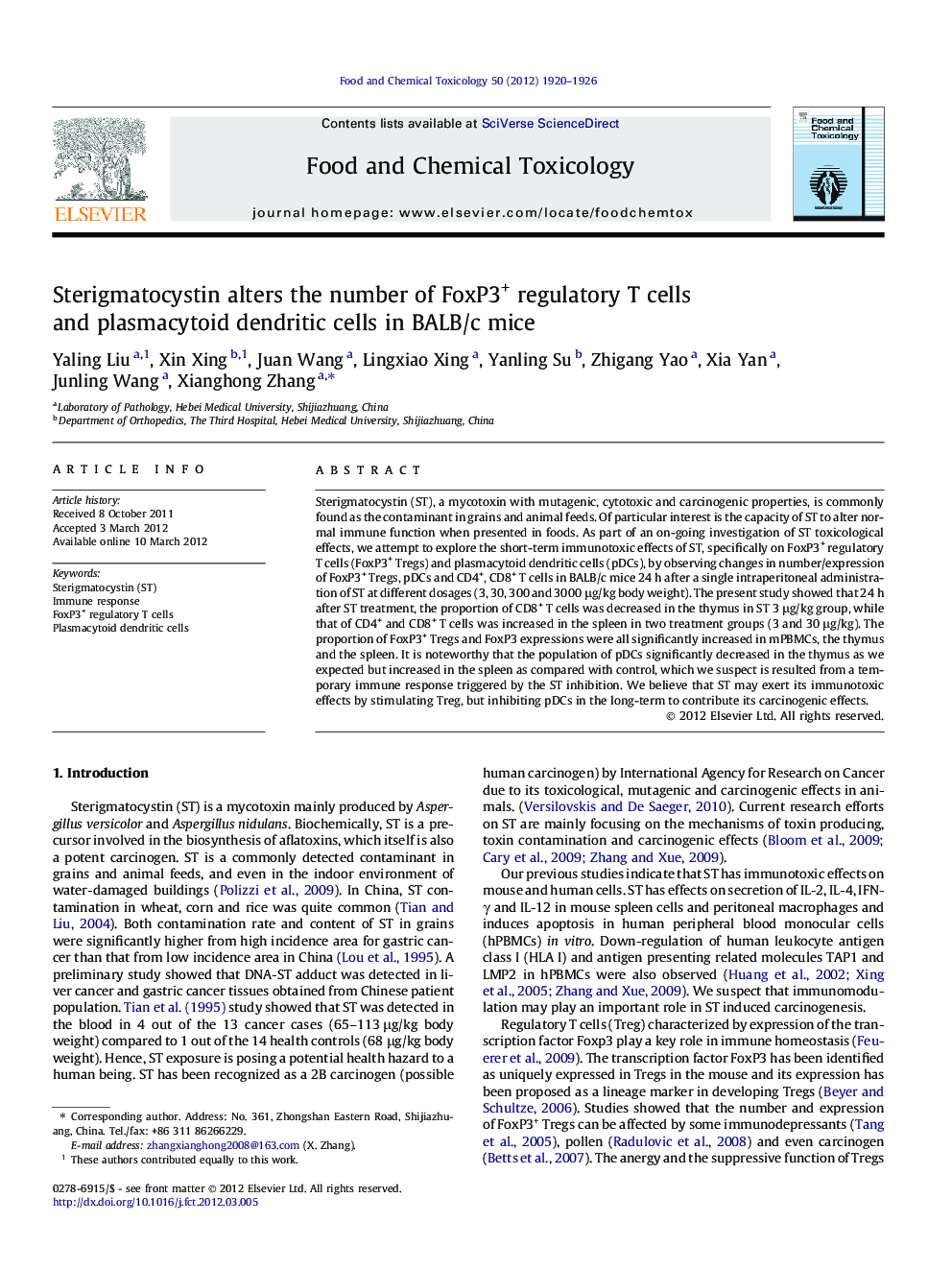 Sterigmatocystin alters the number of FoxP3+ regulatory T cells and plasmacytoid dendritic cells in BALB/c mice