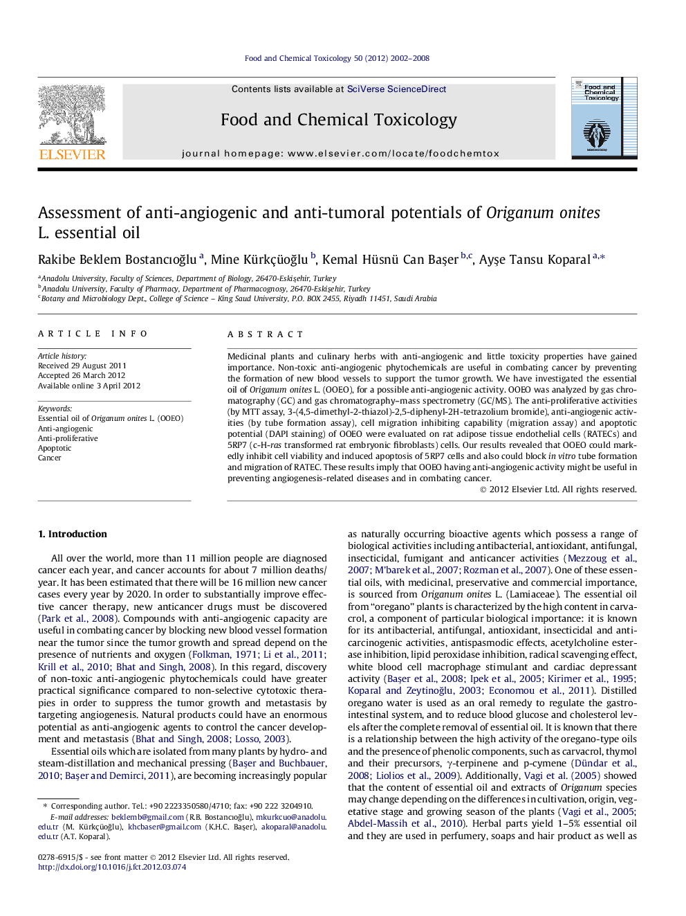 Assessment of anti-angiogenic and anti-tumoral potentials of Origanum onites L. essential oil