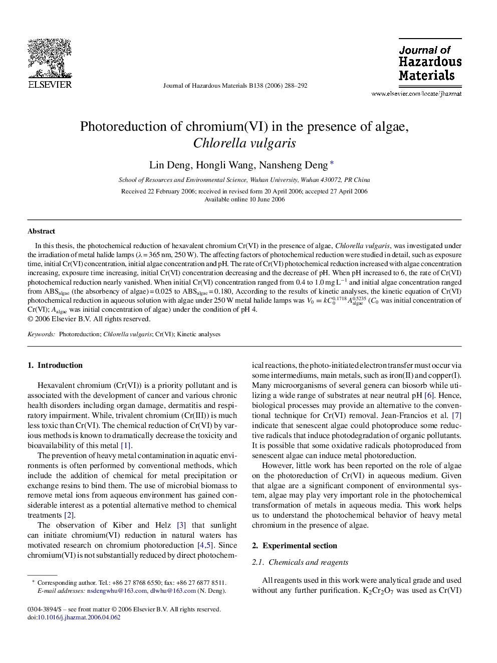 Photoreduction of chromium(VI) in the presence of algae, Chlorella vulgaris