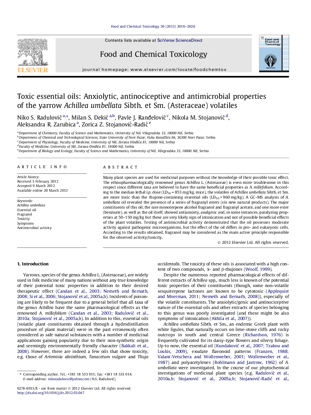 Toxic essential oils: Anxiolytic, antinociceptive and antimicrobial properties of the yarrow Achillea umbellata Sibth. et Sm. (Asteraceae) volatiles