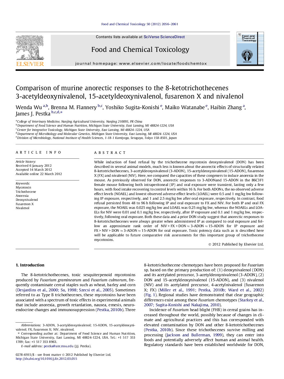 Comparison of murine anorectic responses to the 8-ketotrichothecenes 3-acetyldeoxynivalenol, 15-acetyldeoxynivalenol, fusarenon X and nivalenol