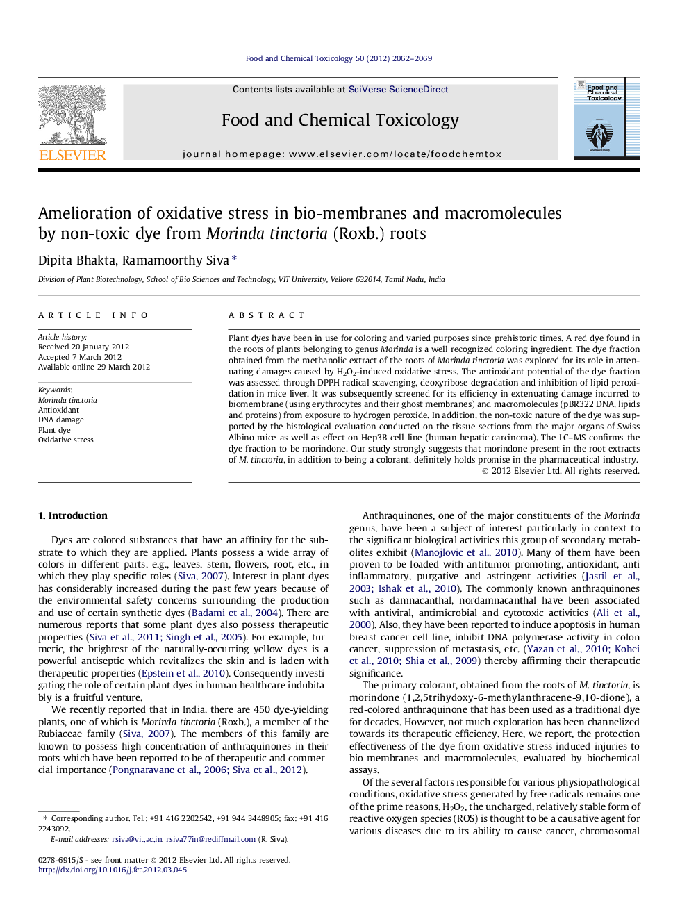 Amelioration of oxidative stress in bio-membranes and macromolecules by non-toxic dye from Morinda tinctoria (Roxb.) roots