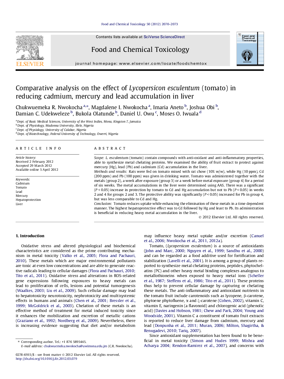 Comparative analysis on the effect of Lycopersicon esculentum (tomato) in reducing cadmium, mercury and lead accumulation in liver