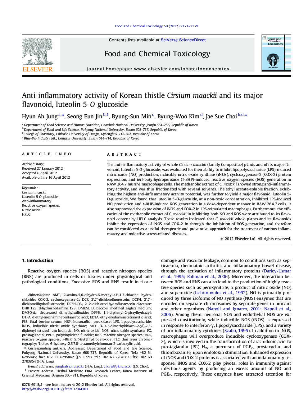 Anti-inflammatory activity of Korean thistle Cirsium maackii and its major flavonoid, luteolin 5-O-glucoside