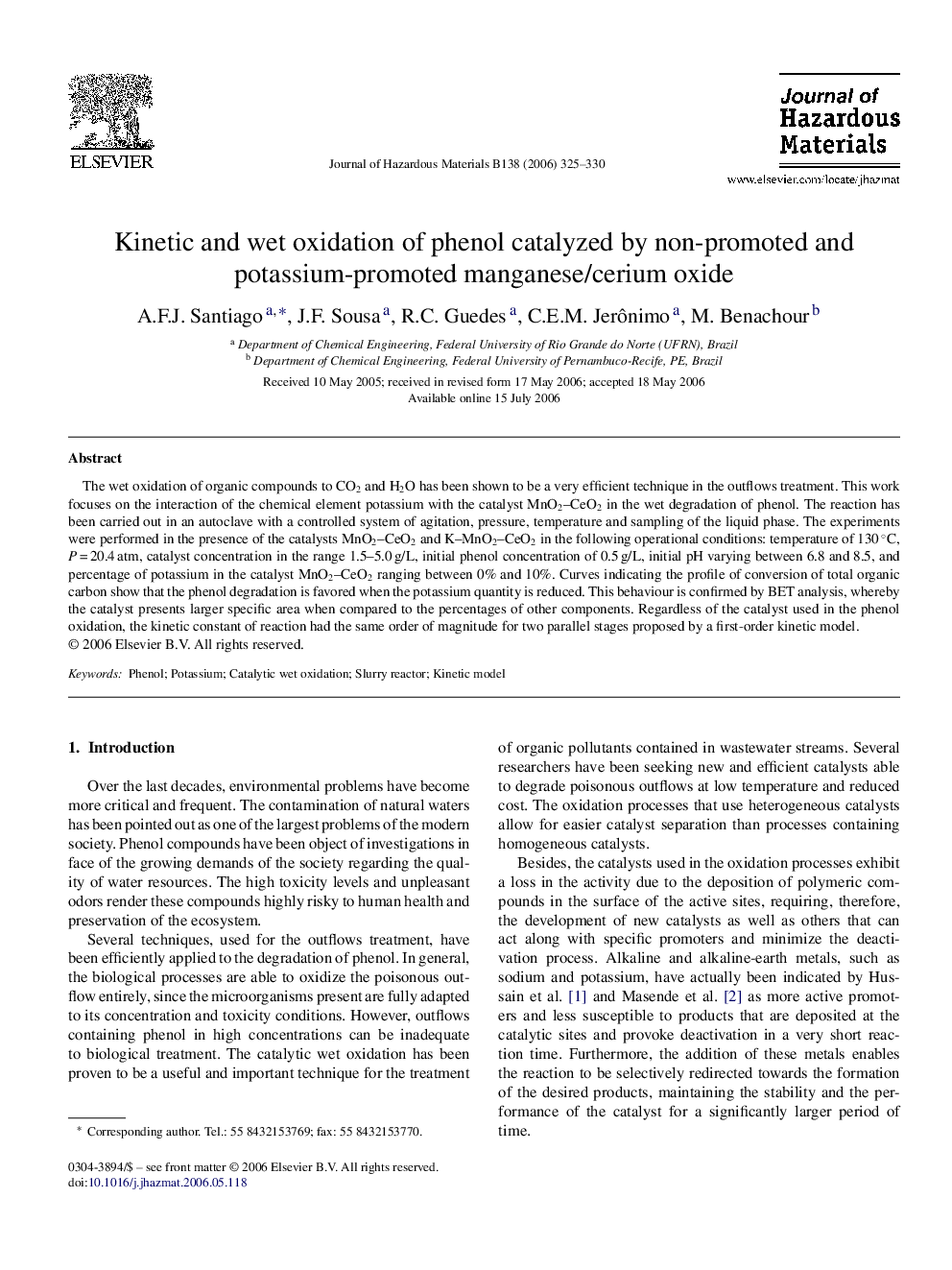 Kinetic and wet oxidation of phenol catalyzed by non-promoted and potassium-promoted manganese/cerium oxide