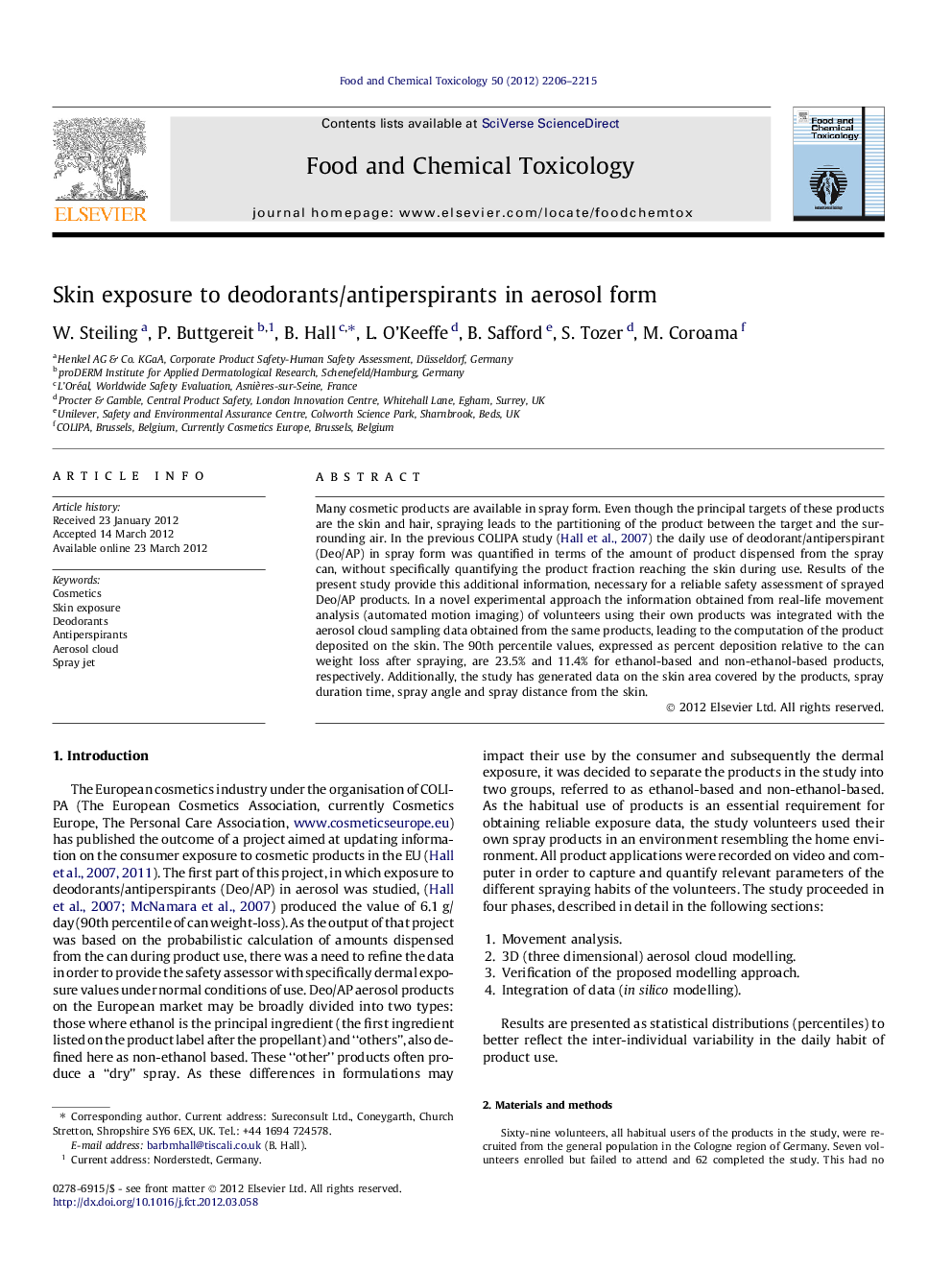 Skin exposure to deodorants/antiperspirants in aerosol form