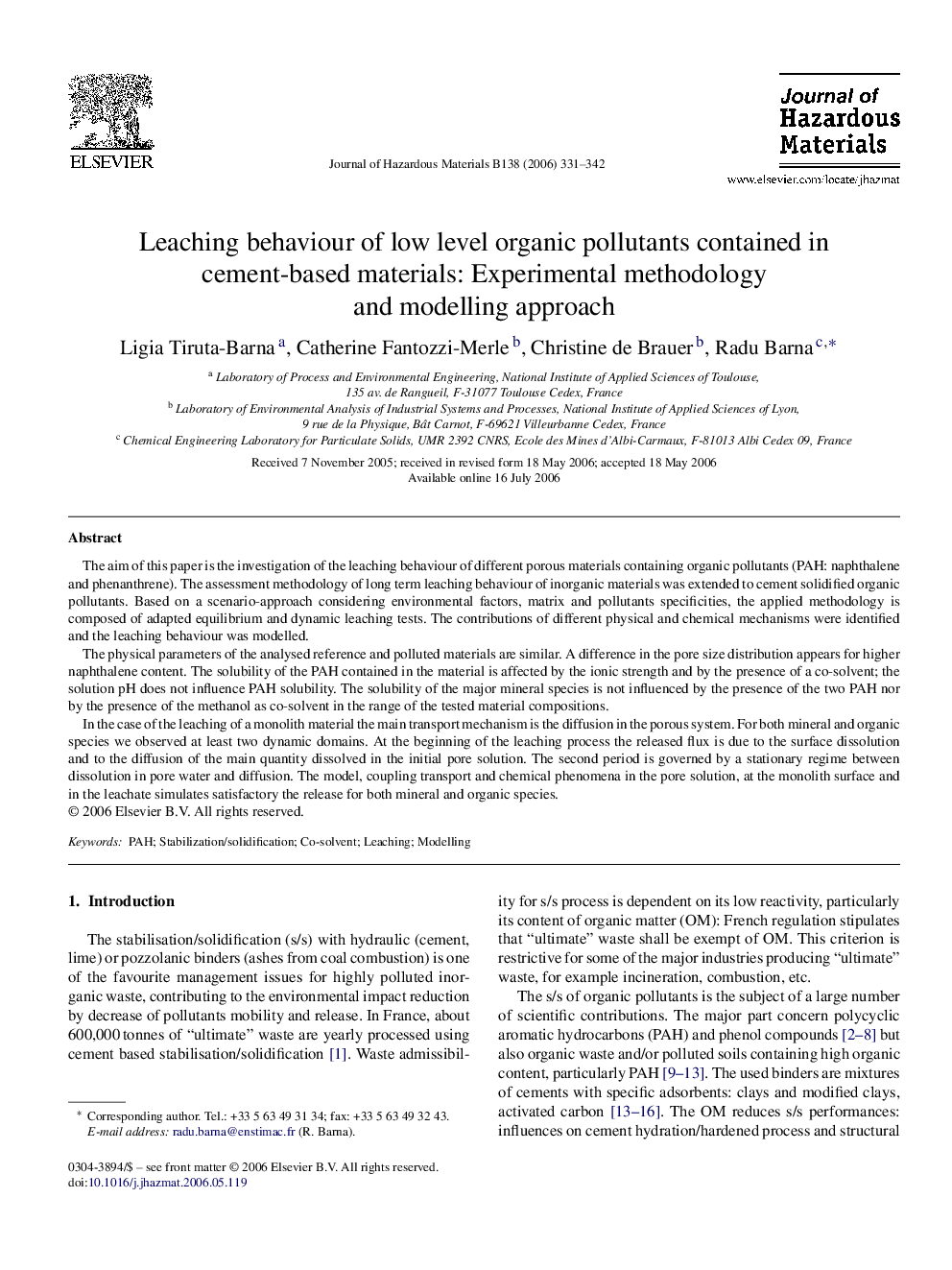 Leaching behaviour of low level organic pollutants contained in cement-based materials: Experimental methodology and modelling approach