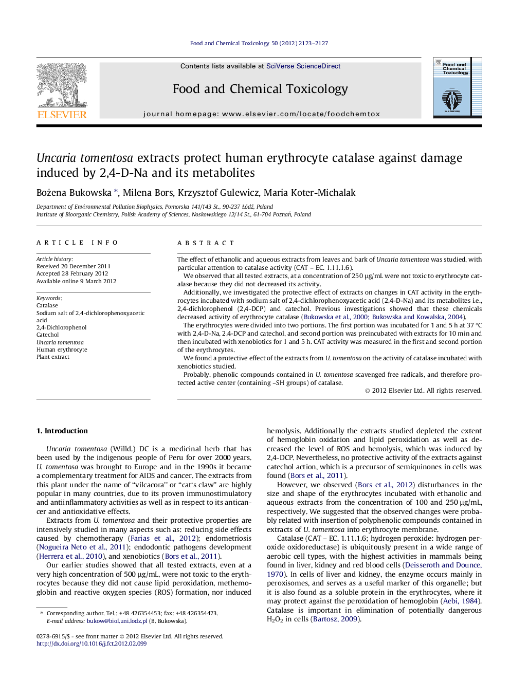 Uncaria tomentosa extracts protect human erythrocyte catalase against damage induced by 2,4-D-Na and its metabolites