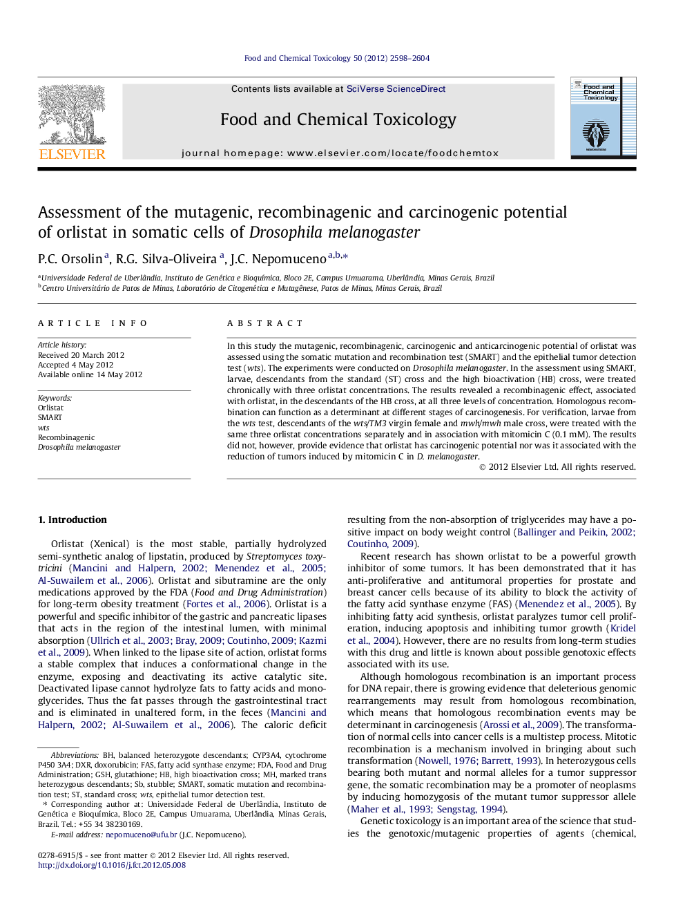 Assessment of the mutagenic, recombinagenic and carcinogenic potential of orlistat in somatic cells of Drosophila melanogaster