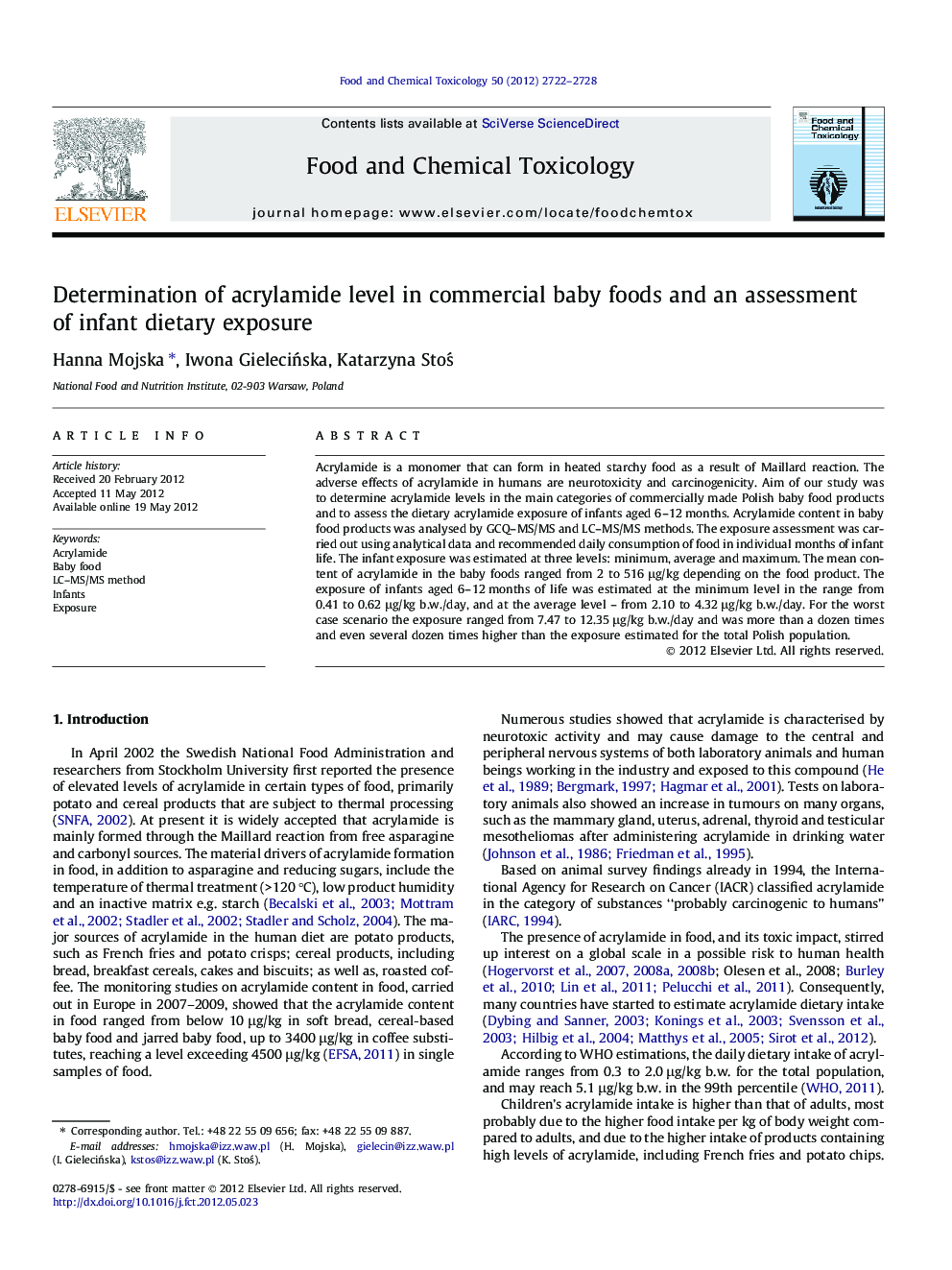 Determination of acrylamide level in commercial baby foods and an assessment of infant dietary exposure