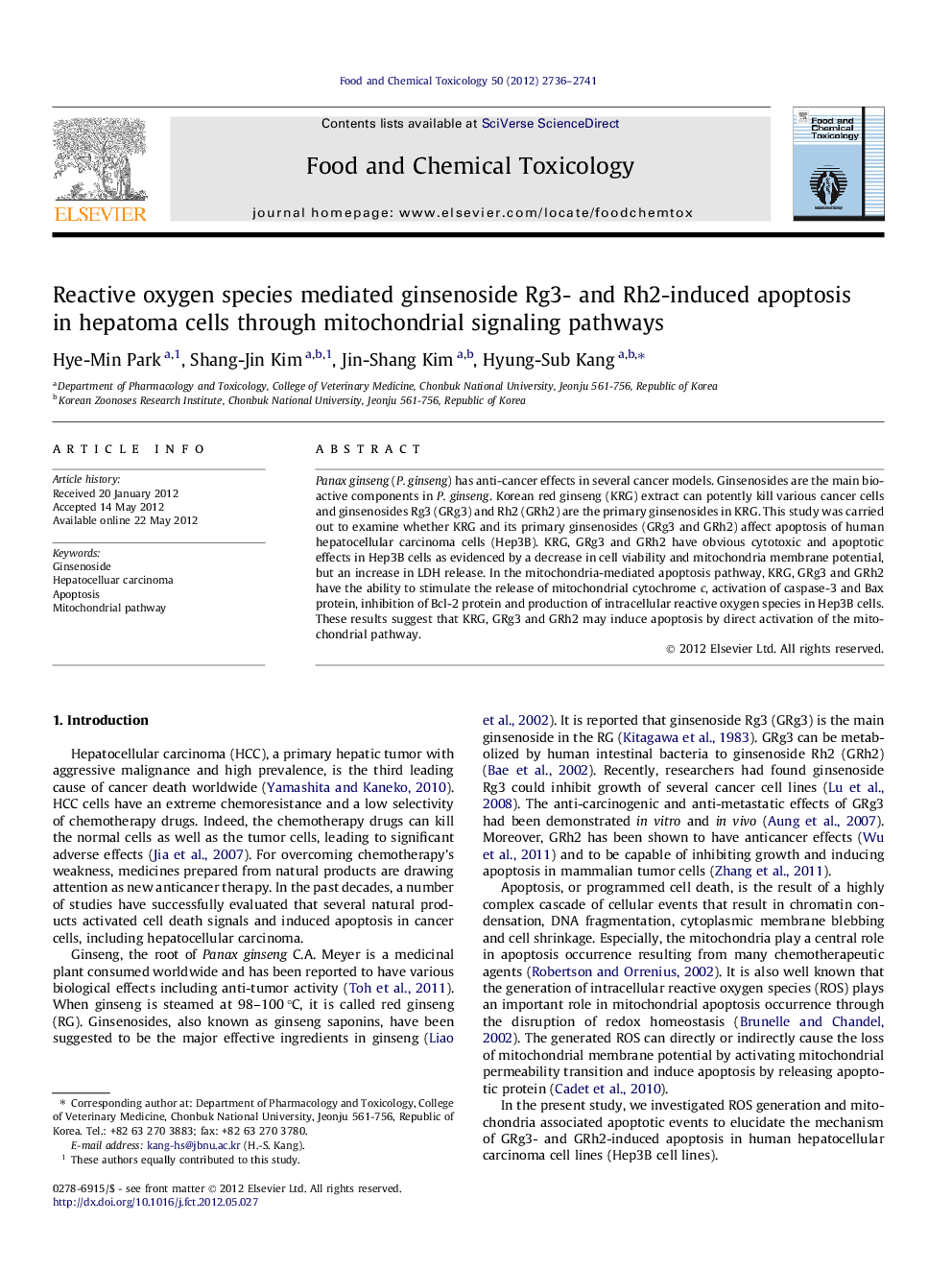 Reactive oxygen species mediated ginsenoside Rg3- and Rh2-induced apoptosis in hepatoma cells through mitochondrial signaling pathways