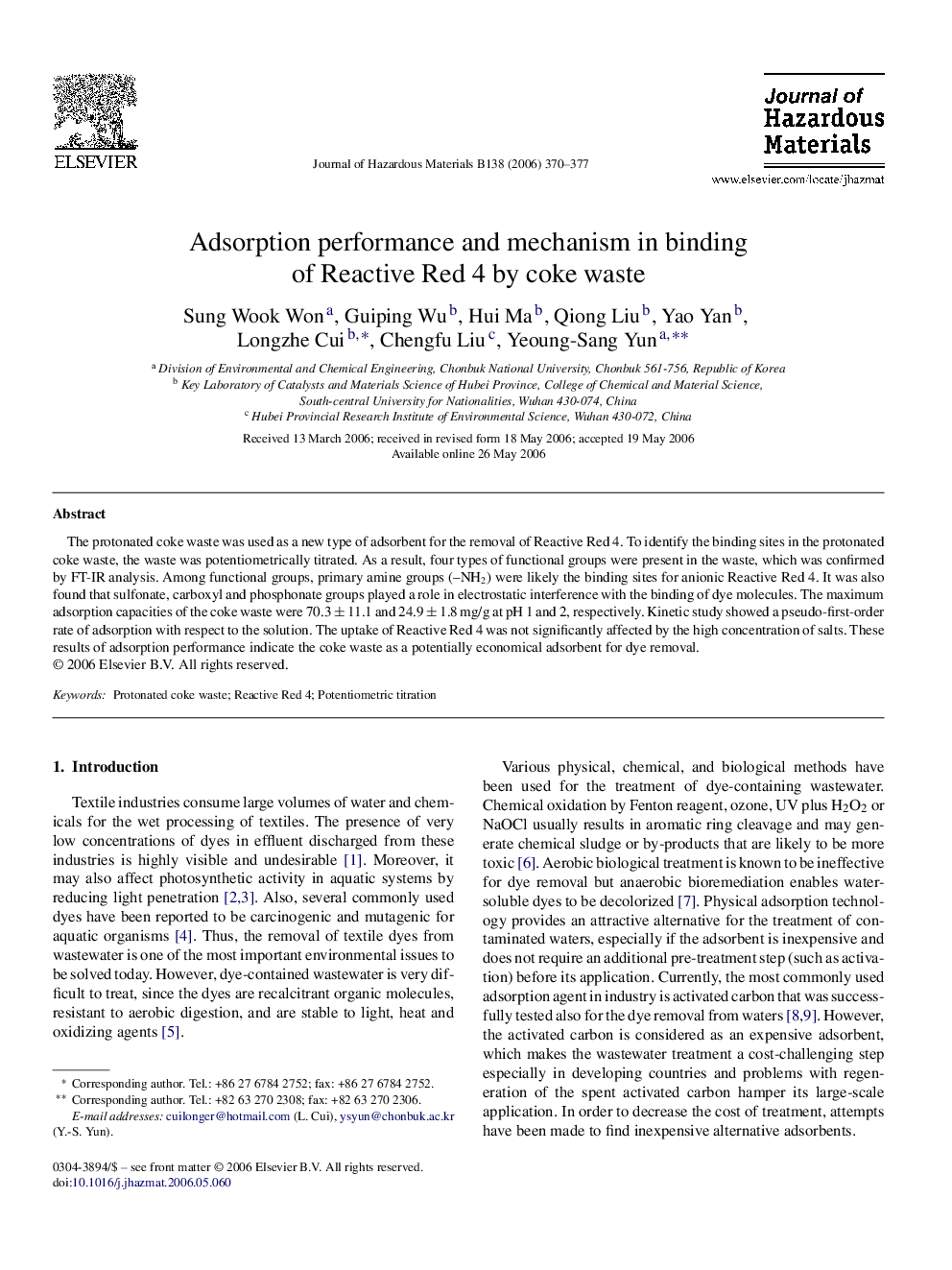 Adsorption performance and mechanism in binding of Reactive Red 4 by coke waste