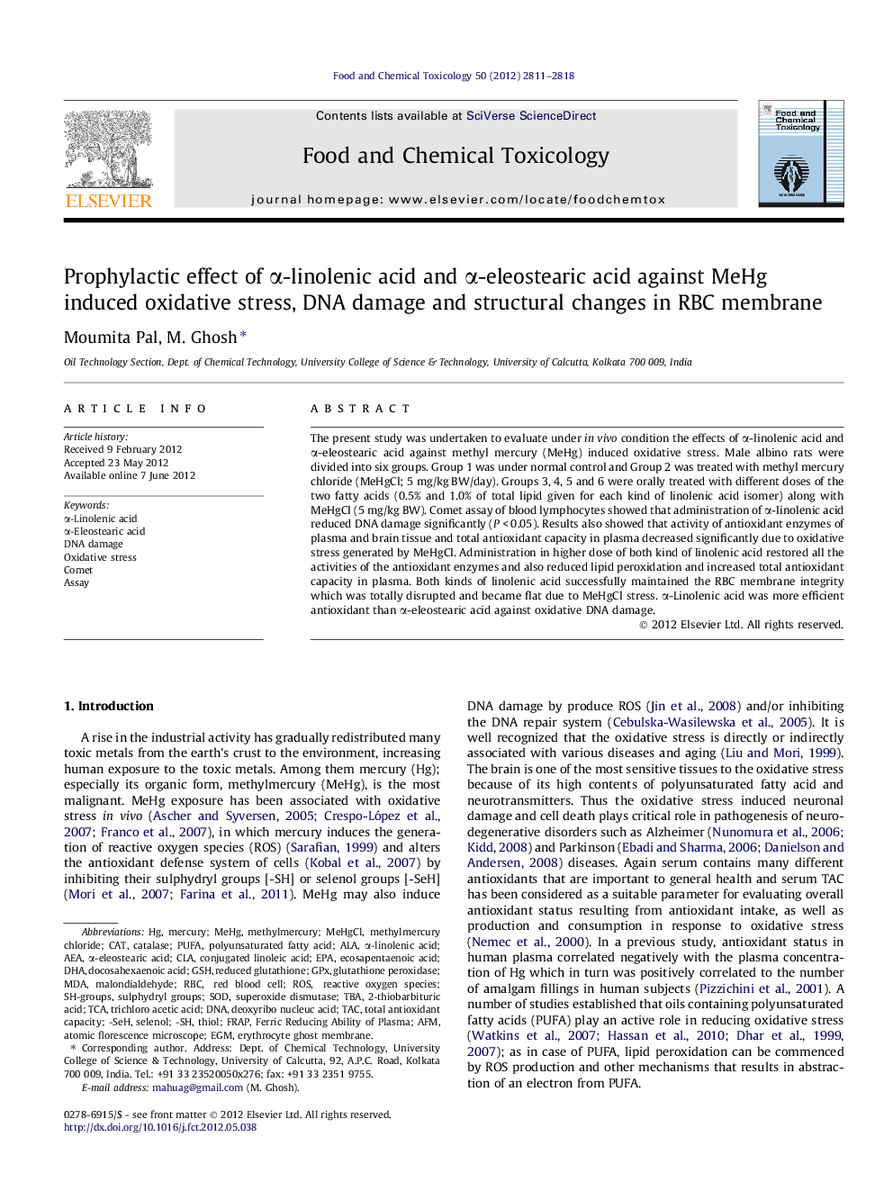 Prophylactic effect of Î±-linolenic acid and Î±-eleostearic acid against MeHg induced oxidative stress, DNA damage and structural changes in RBC membrane