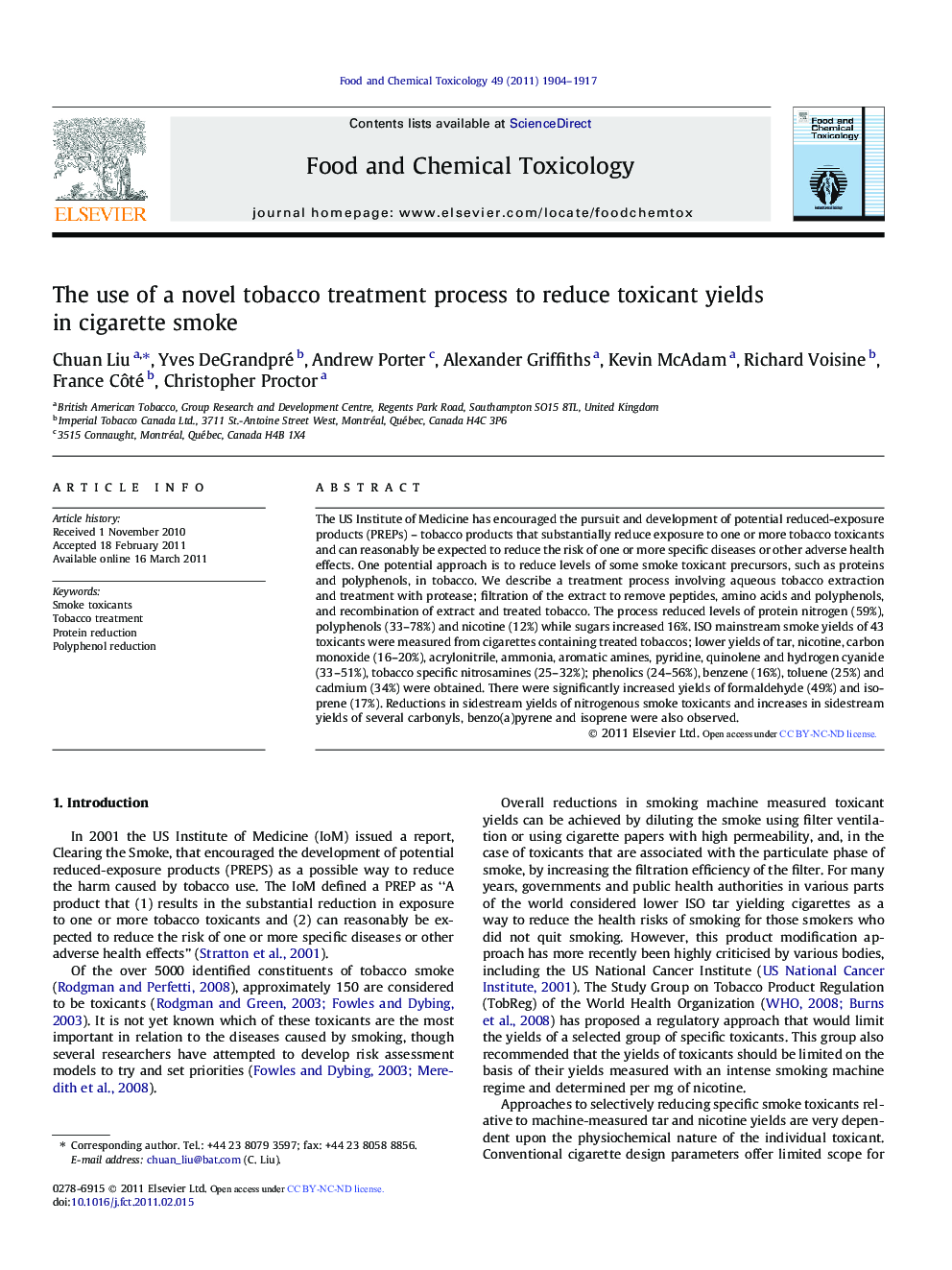 The use of a novel tobacco treatment process to reduce toxicant yields in cigarette smoke