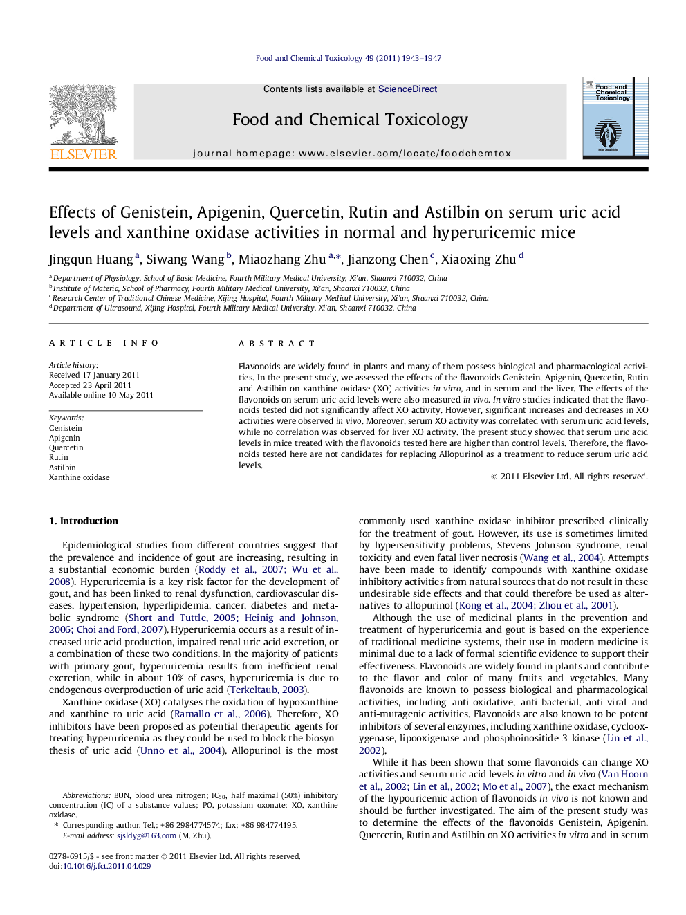 Effects of Genistein, Apigenin, Quercetin, Rutin and Astilbin on serum uric acid levels and xanthine oxidase activities in normal and hyperuricemic mice