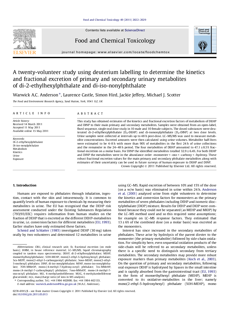 A twenty-volunteer study using deuterium labelling to determine the kinetics and fractional excretion of primary and secondary urinary metabolites of di-2-ethylhexylphthalate and di-iso-nonylphthalate