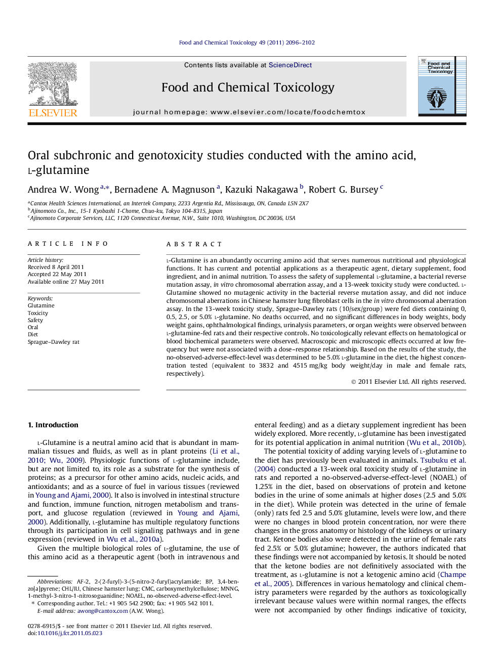 Oral subchronic and genotoxicity studies conducted with the amino acid, l-glutamine