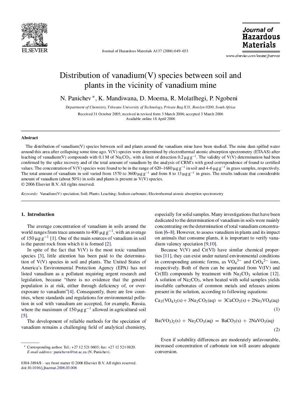 Distribution of vanadium(V) species between soil and plants in the vicinity of vanadium mine