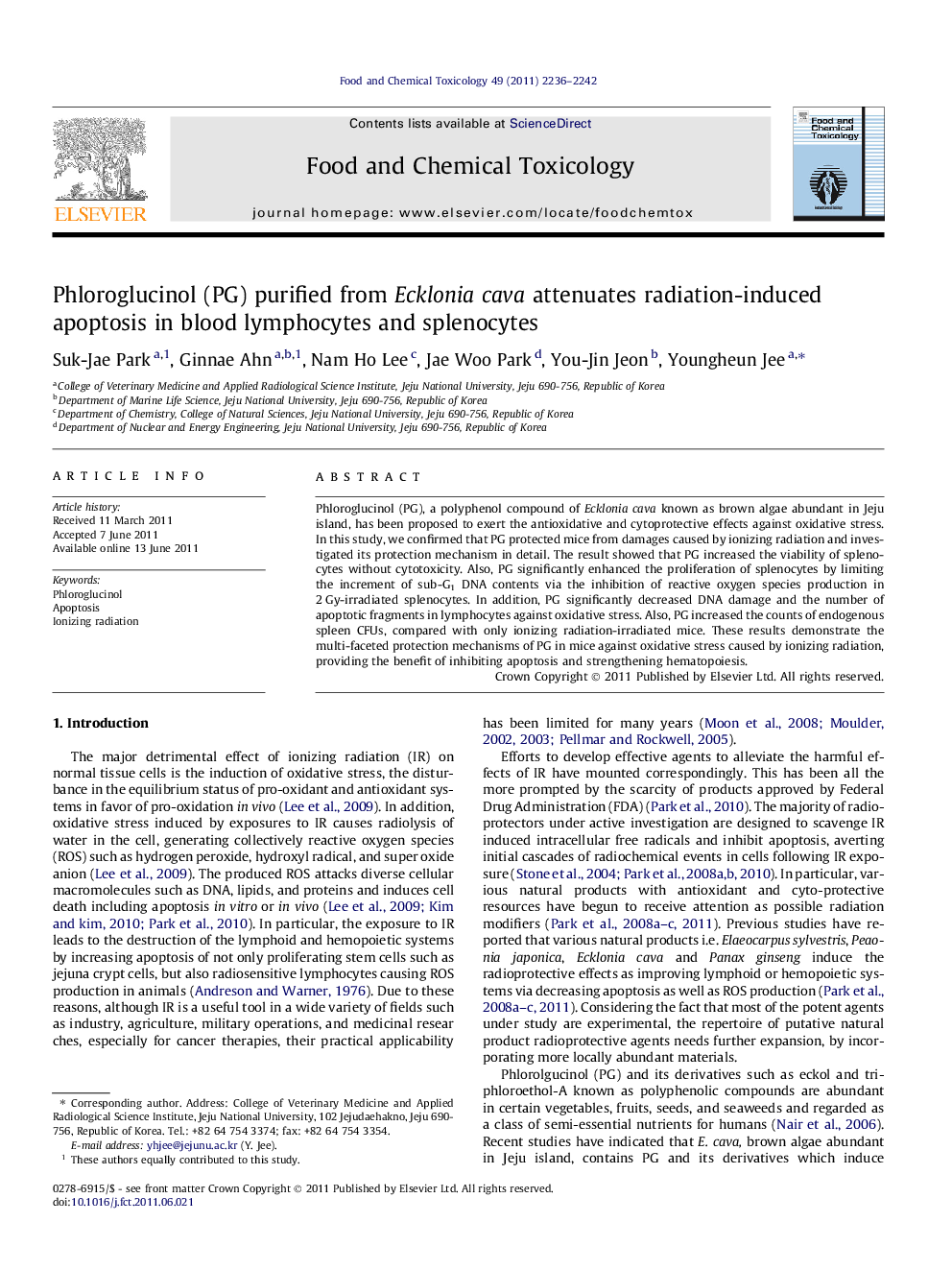 Phloroglucinol (PG) purified from Ecklonia cava attenuates radiation-induced apoptosis in blood lymphocytes and splenocytes