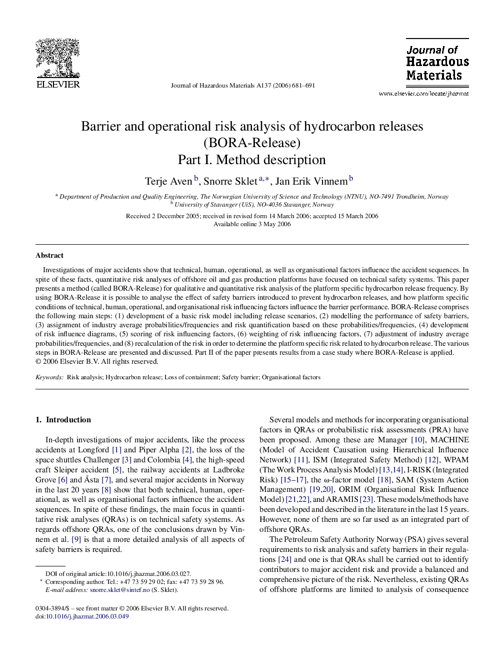 Barrier and operational risk analysis of hydrocarbon releases (BORA-Release)