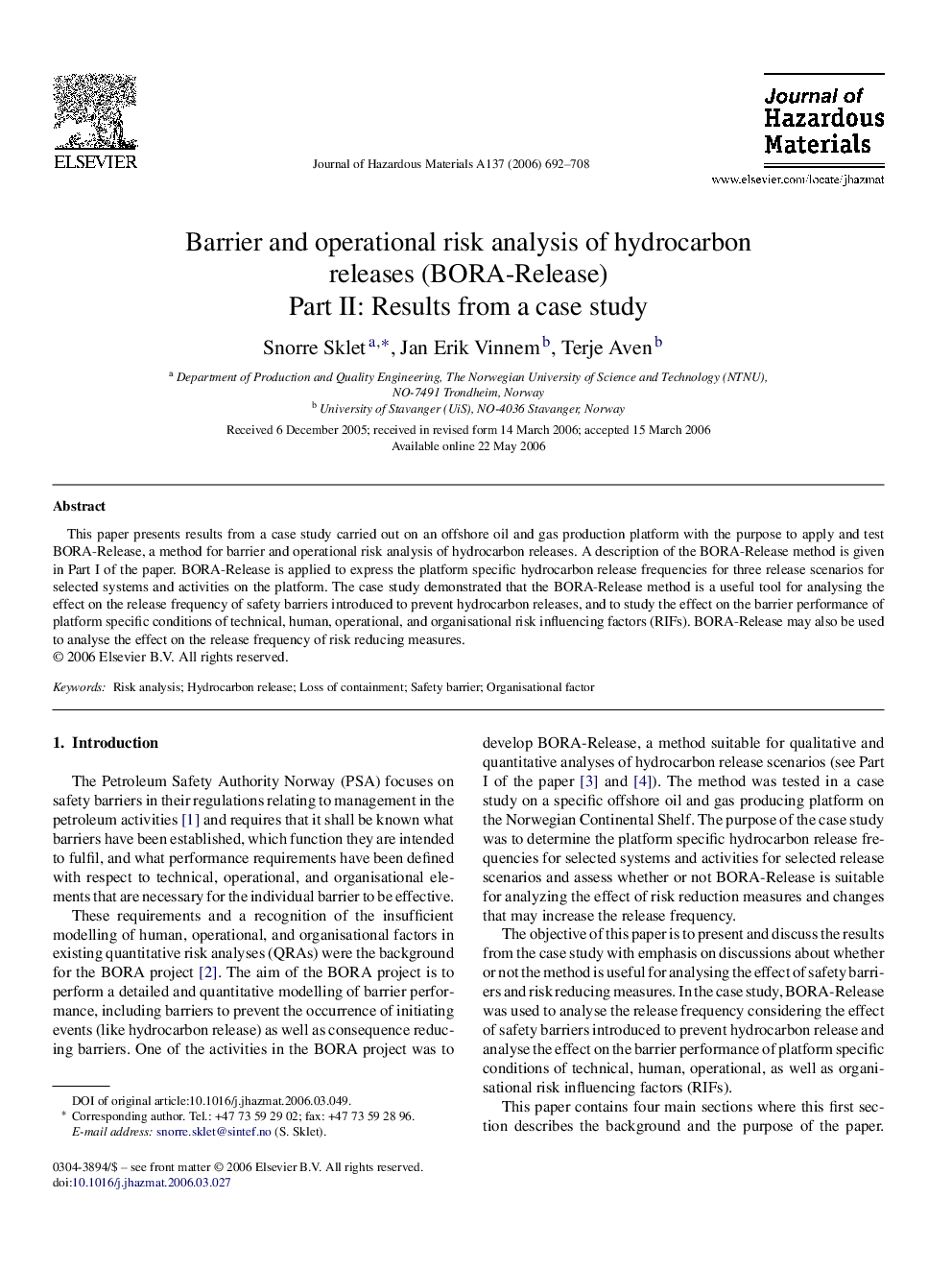 Barrier and operational risk analysis of hydrocarbon releases (BORA-Release)