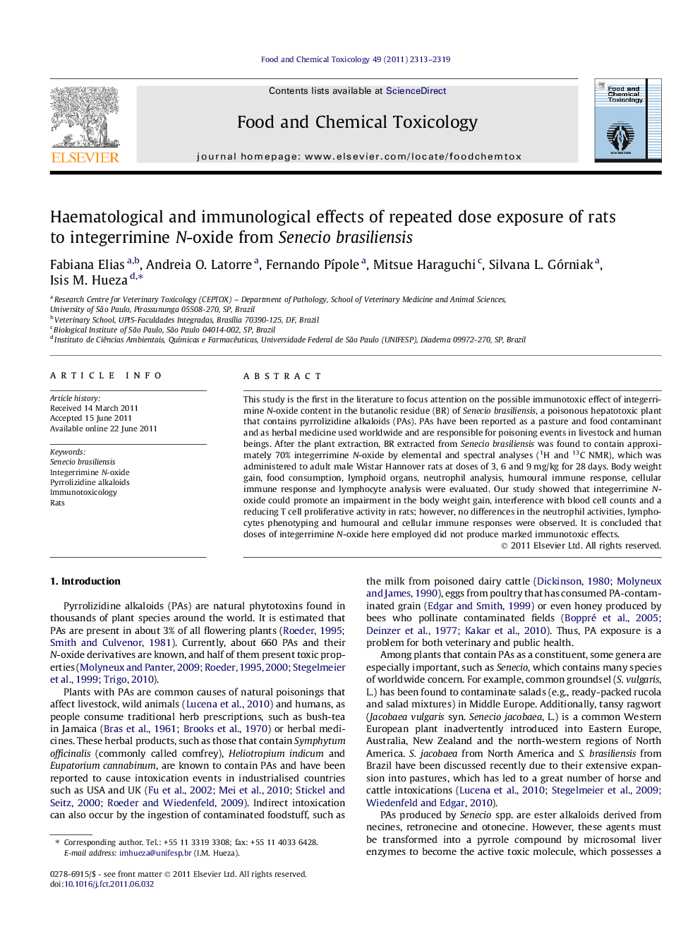 Haematological and immunological effects of repeated dose exposure of rats to integerrimine N-oxide from Senecio brasiliensis