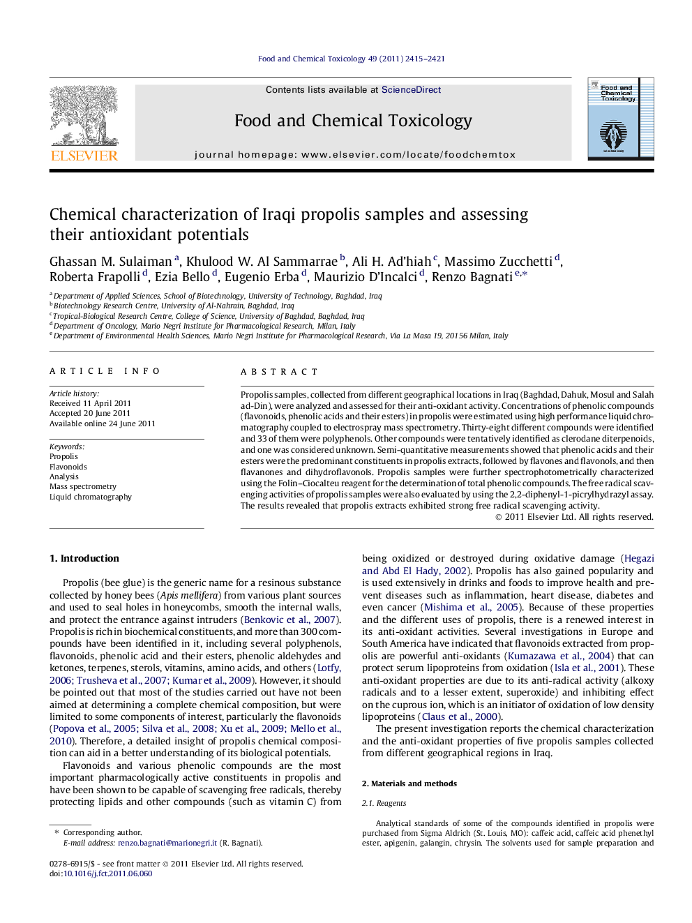 Chemical characterization of Iraqi propolis samples and assessing their antioxidant potentials