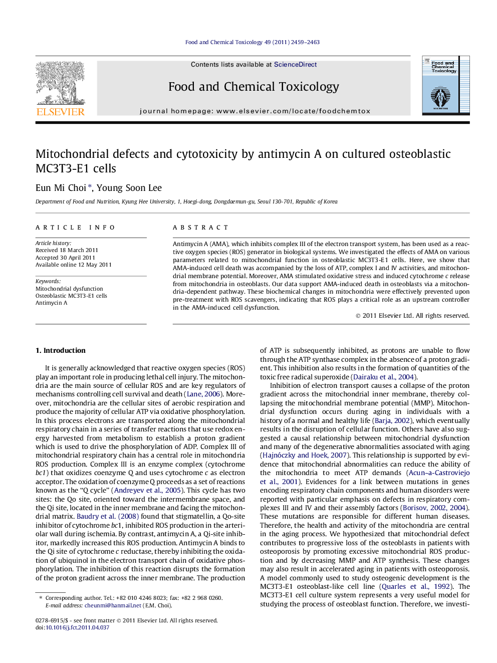 عکس صفحه اول مقاله: Mitochondrial defects and cytotoxicity by antimycin A on cultured osteoblastic MC3T3-E1 cells Mitochondrial defects and cytotoxicity by antimycin A on cultured osteoblastic MC3T3-E1 cells