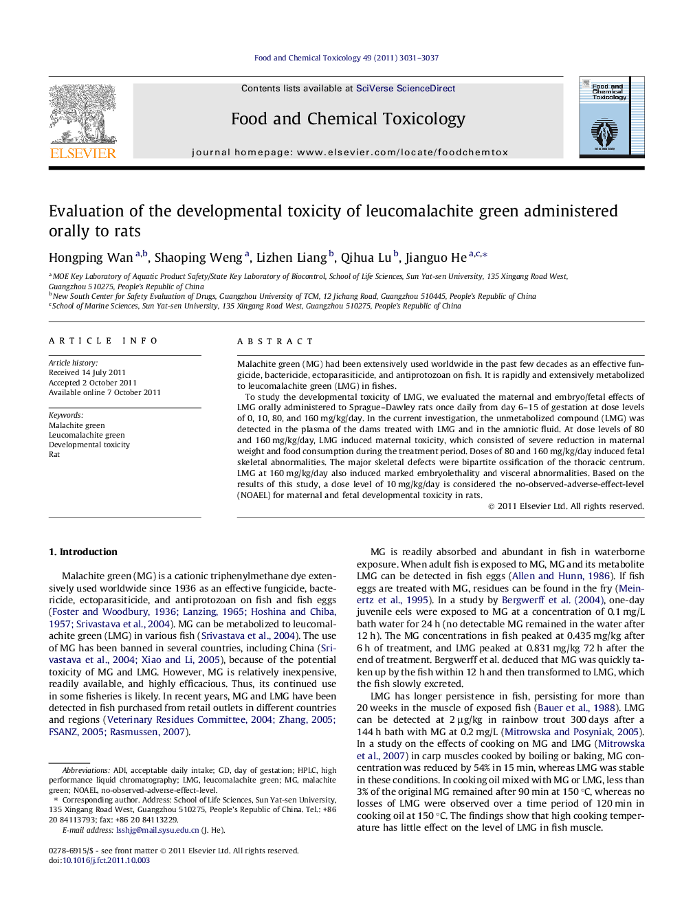 Evaluation of the developmental toxicity of leucomalachite green administered orally to rats