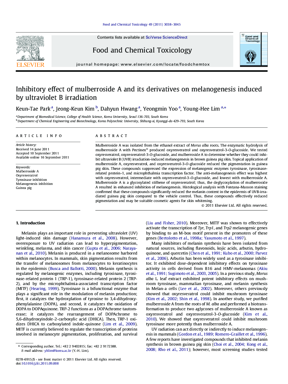 Inhibitory effect of mulberroside A and its derivatives on melanogenesis induced by ultraviolet B irradiation