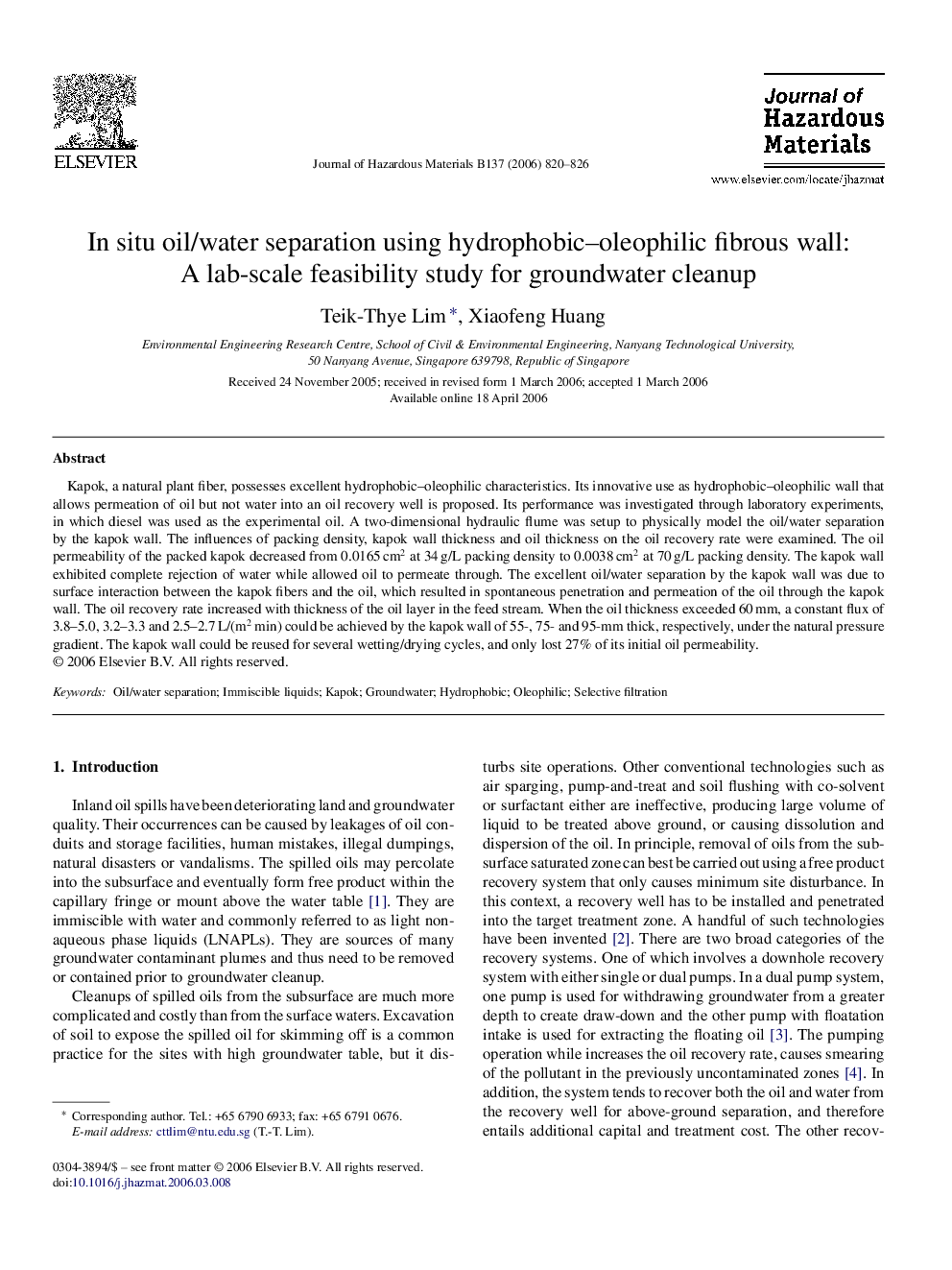 In situ oil/water separation using hydrophobic-oleophilic fibrous wall: A lab-scale feasibility study for groundwater cleanup