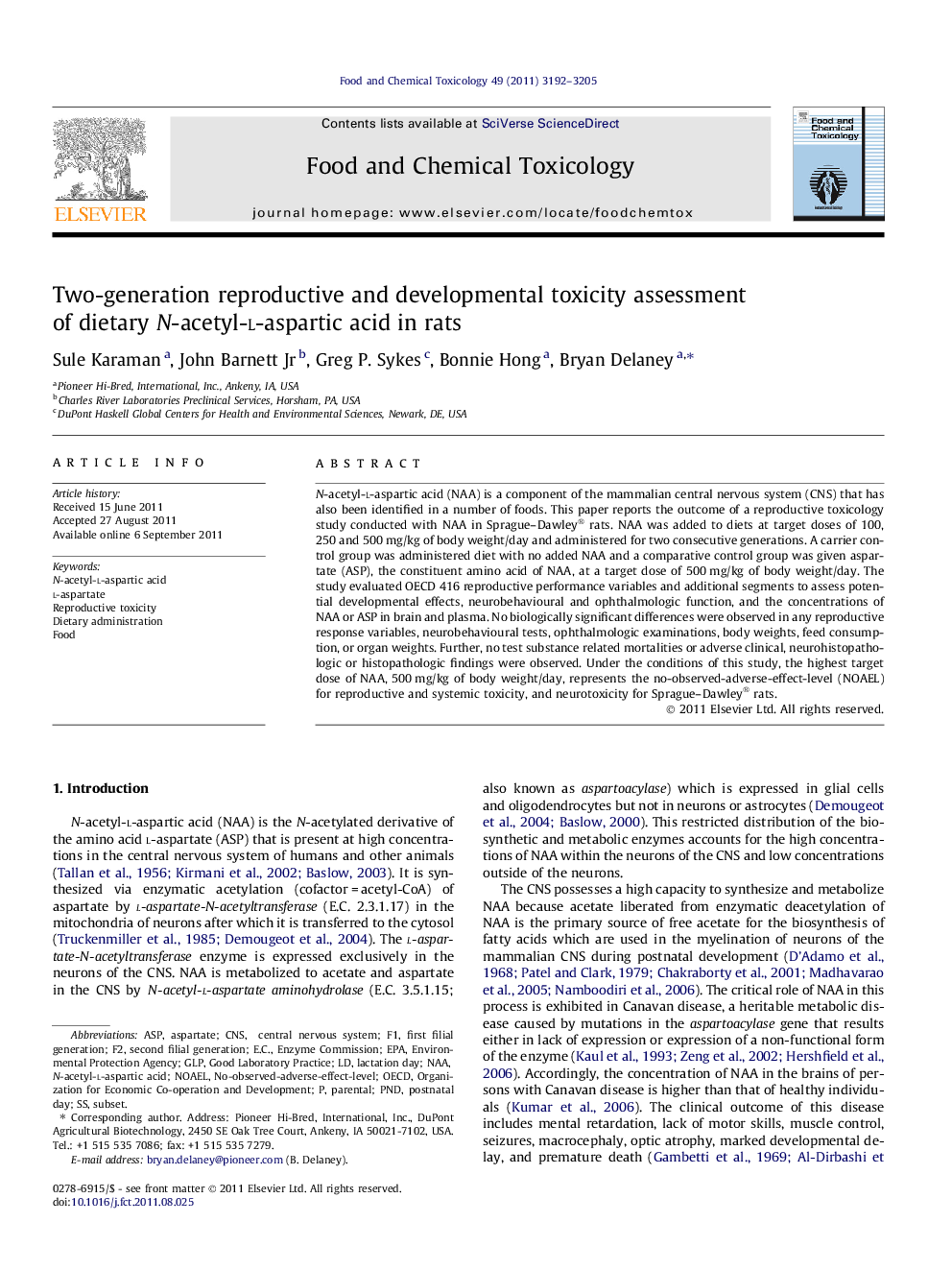 Two-generation reproductive and developmental toxicity assessment of dietary N-acetyl-L-aspartic acid in rats