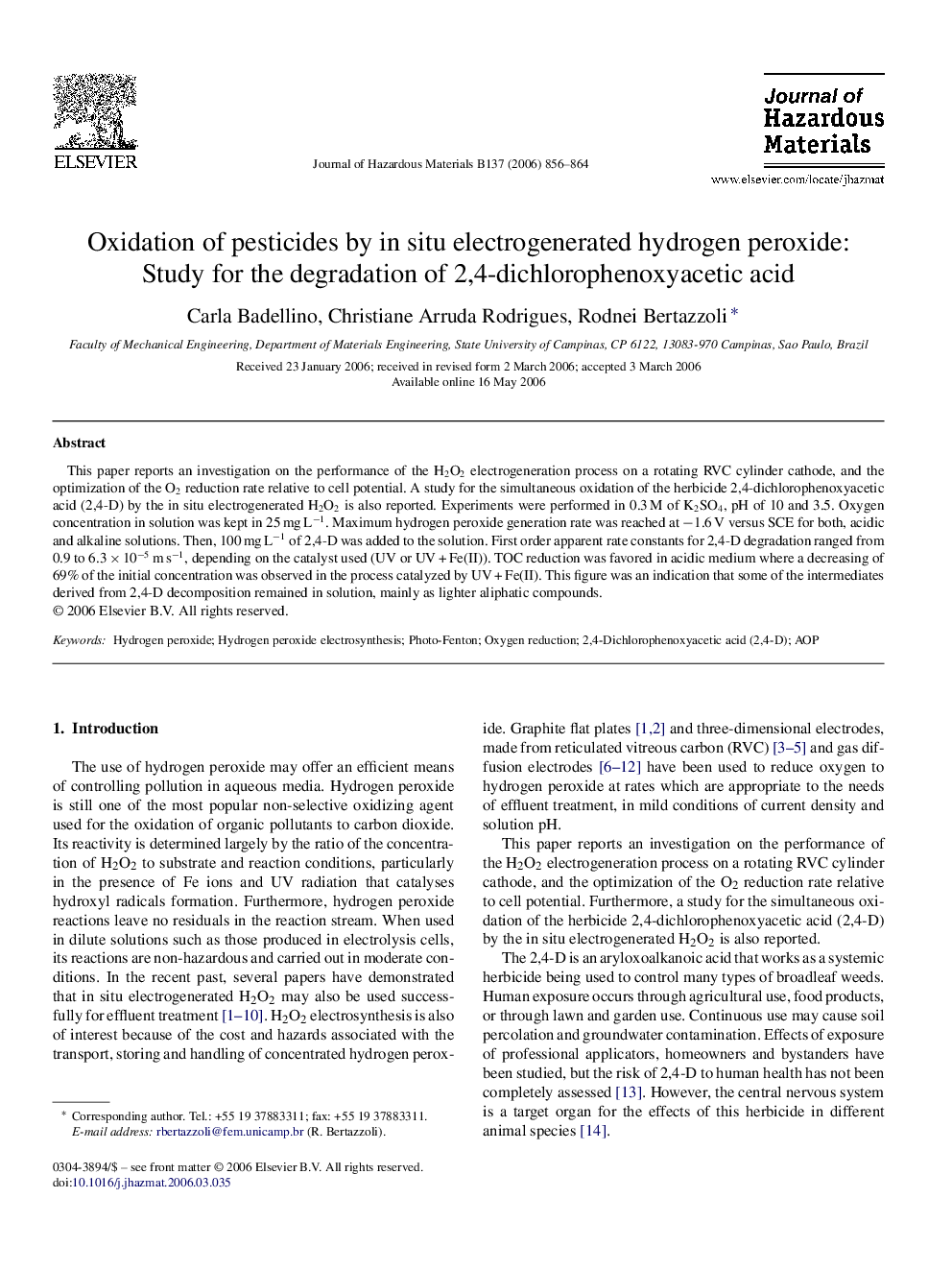 Oxidation of pesticides by in situ electrogenerated hydrogen peroxide: Study for the degradation of 2,4-dichlorophenoxyacetic acid