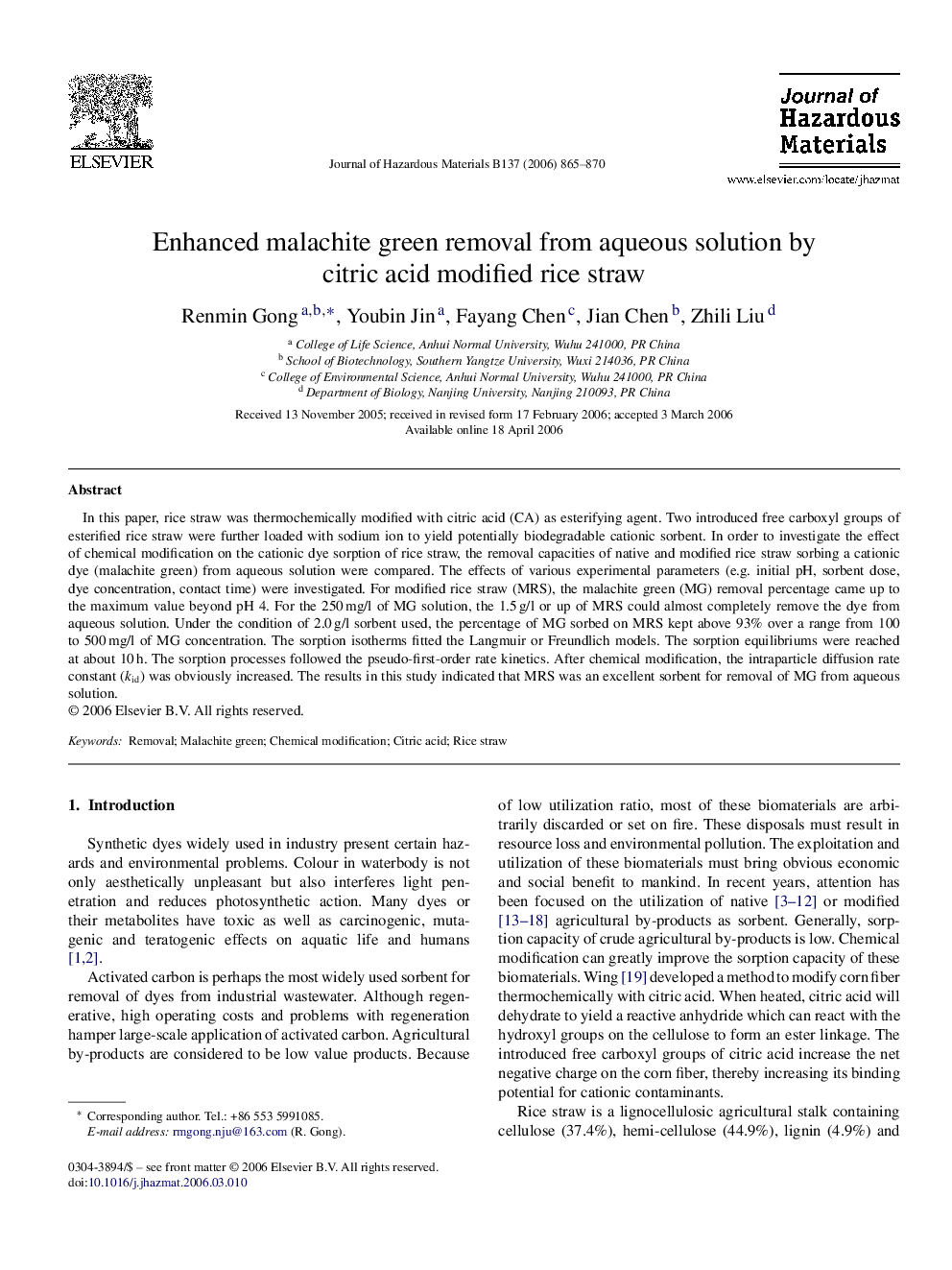 Enhanced malachite green removal from aqueous solution by citric acid modified rice straw