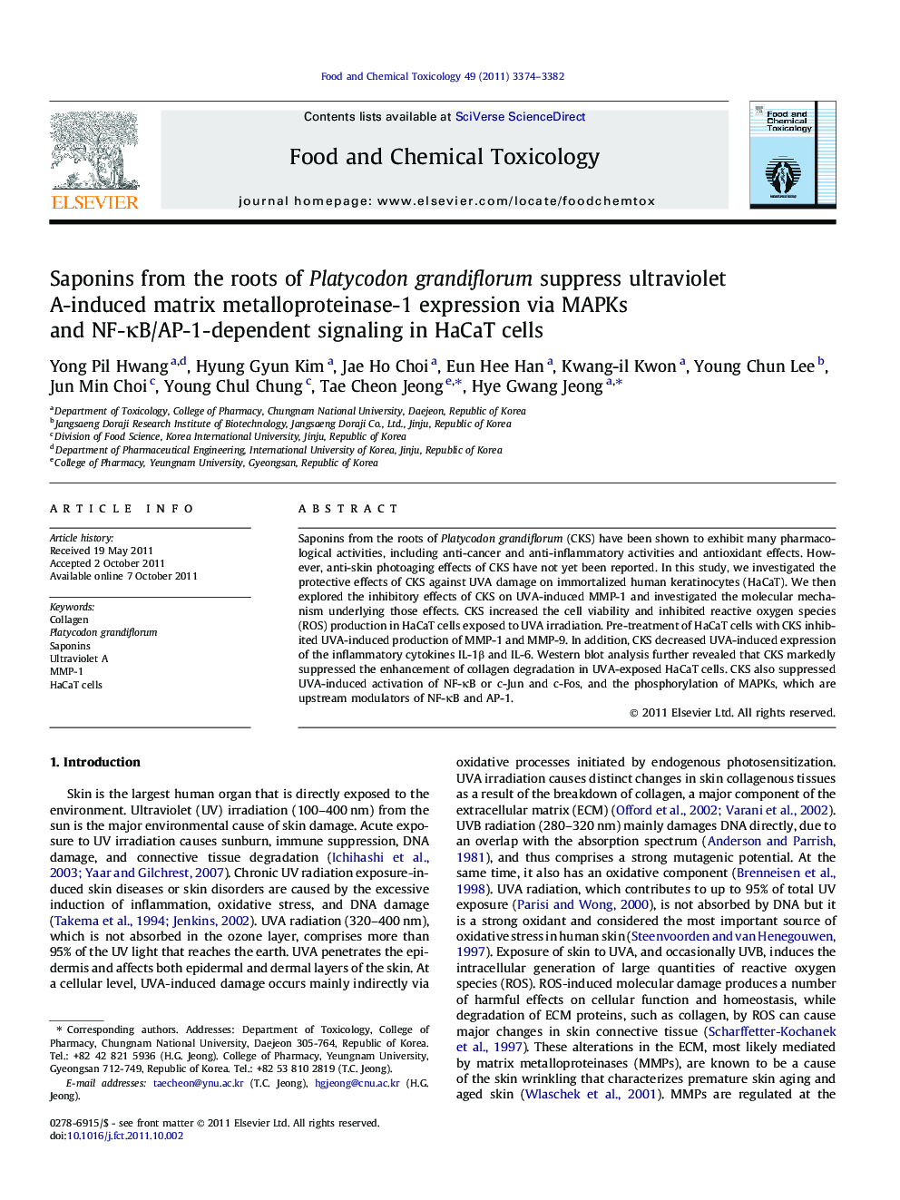 Saponins from the roots of Platycodon grandiflorum suppress ultraviolet A-induced matrix metalloproteinase-1 expression via MAPKs and NF-ÎºB/AP-1-dependent signaling in HaCaT cells