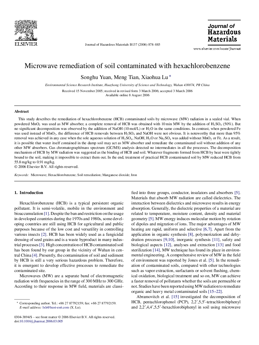 Microwave remediation of soil contaminated with hexachlorobenzene