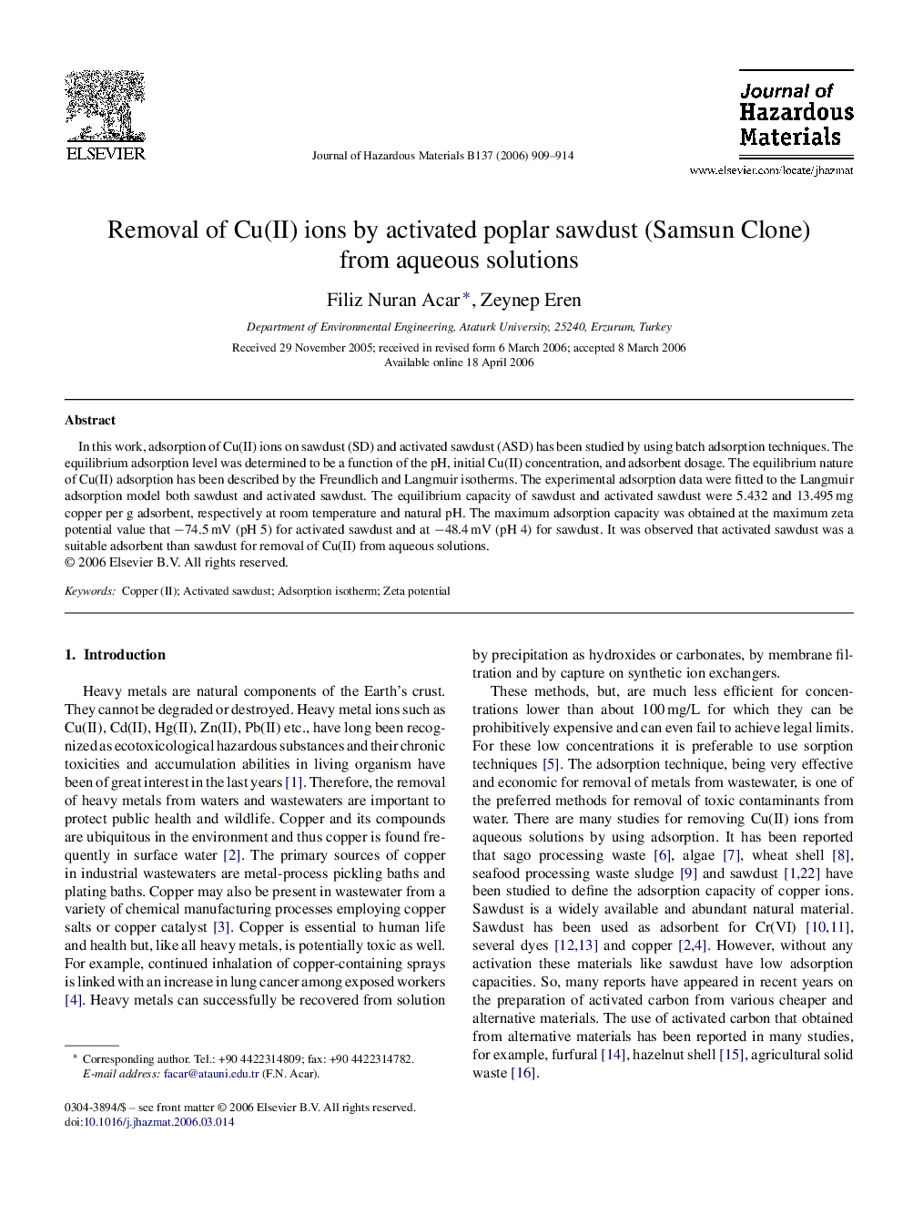 Removal of Cu(II) ions by activated poplar sawdust (Samsun Clone) from aqueous solutions