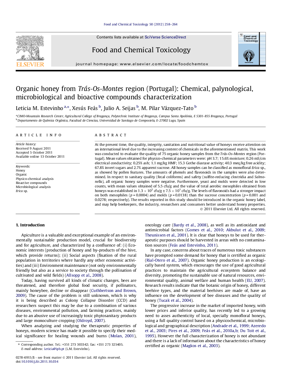 Organic honey from Trás-Os-Montes region (Portugal): Chemical, palynological, microbiological and bioactive compounds characterization