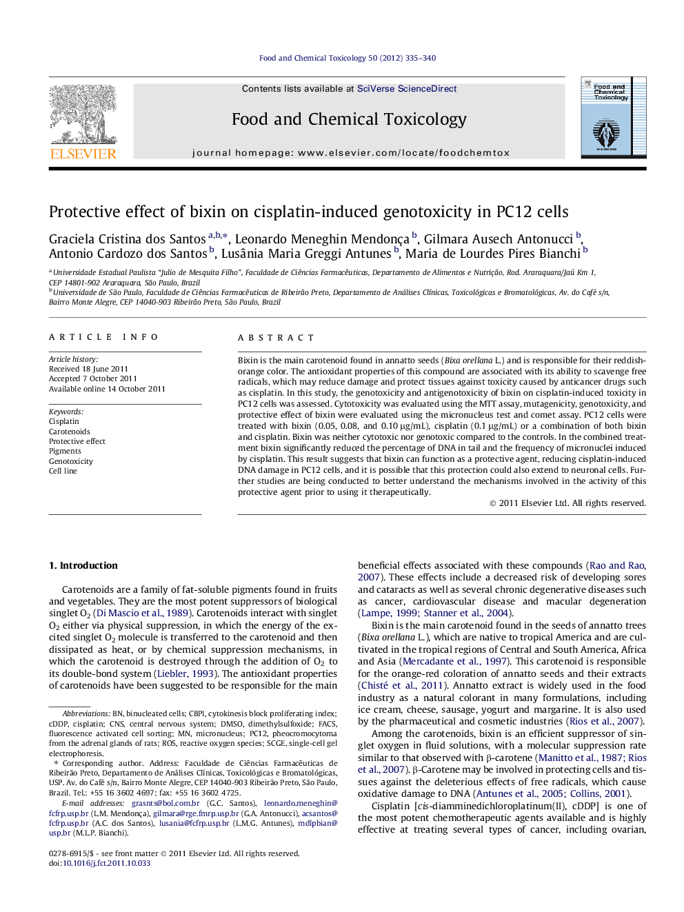 عکس صفحه اول مقاله: Protective effect of bixin on cisplatin-induced genotoxicity in PC12 cells Protective effect of bixin on cisplatin-induced genotoxicity in PC12 cells